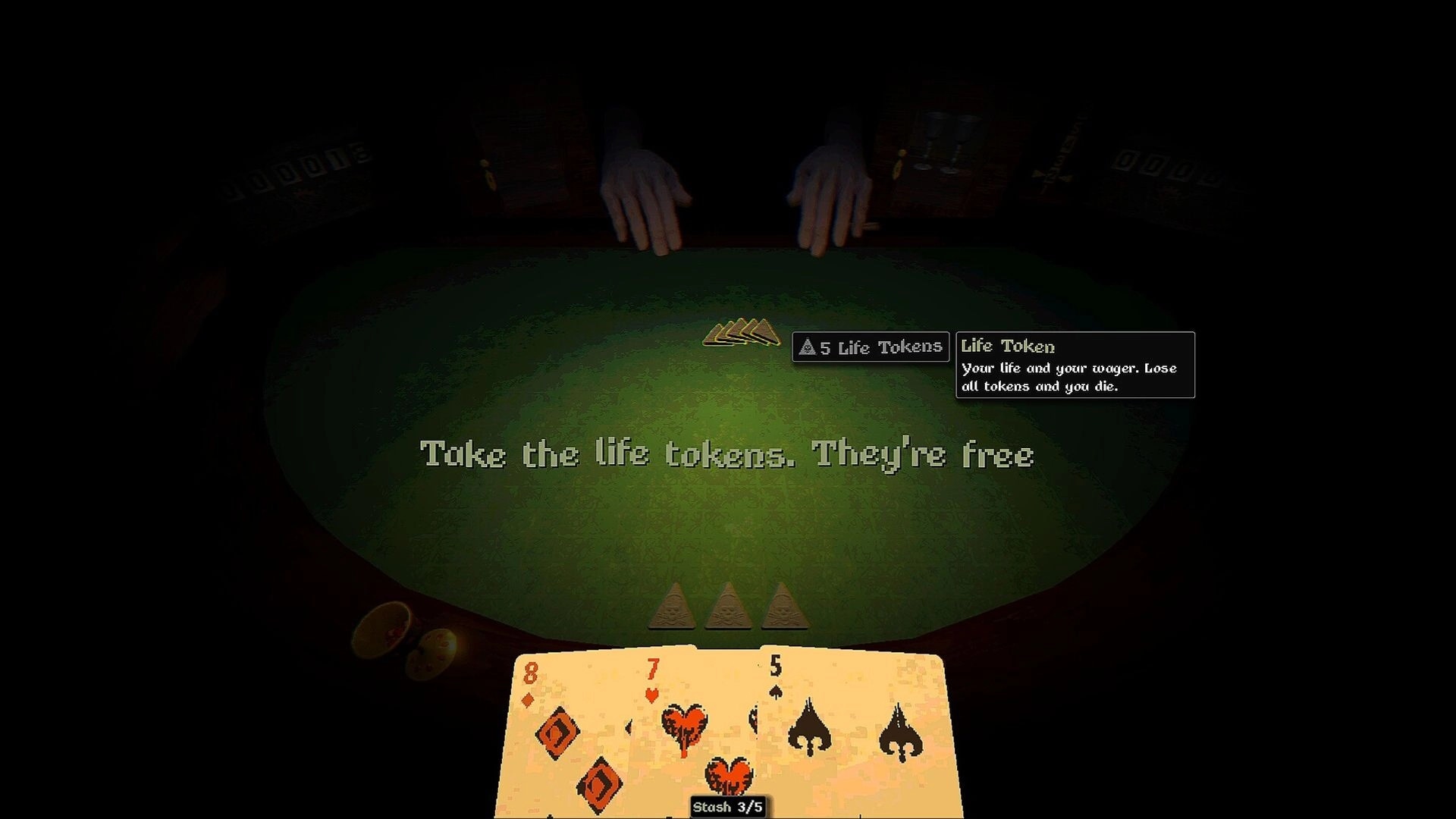 Blackout Jack: Tutorial prompt to take life tokens on a green blackjack table with cards and tooltip.