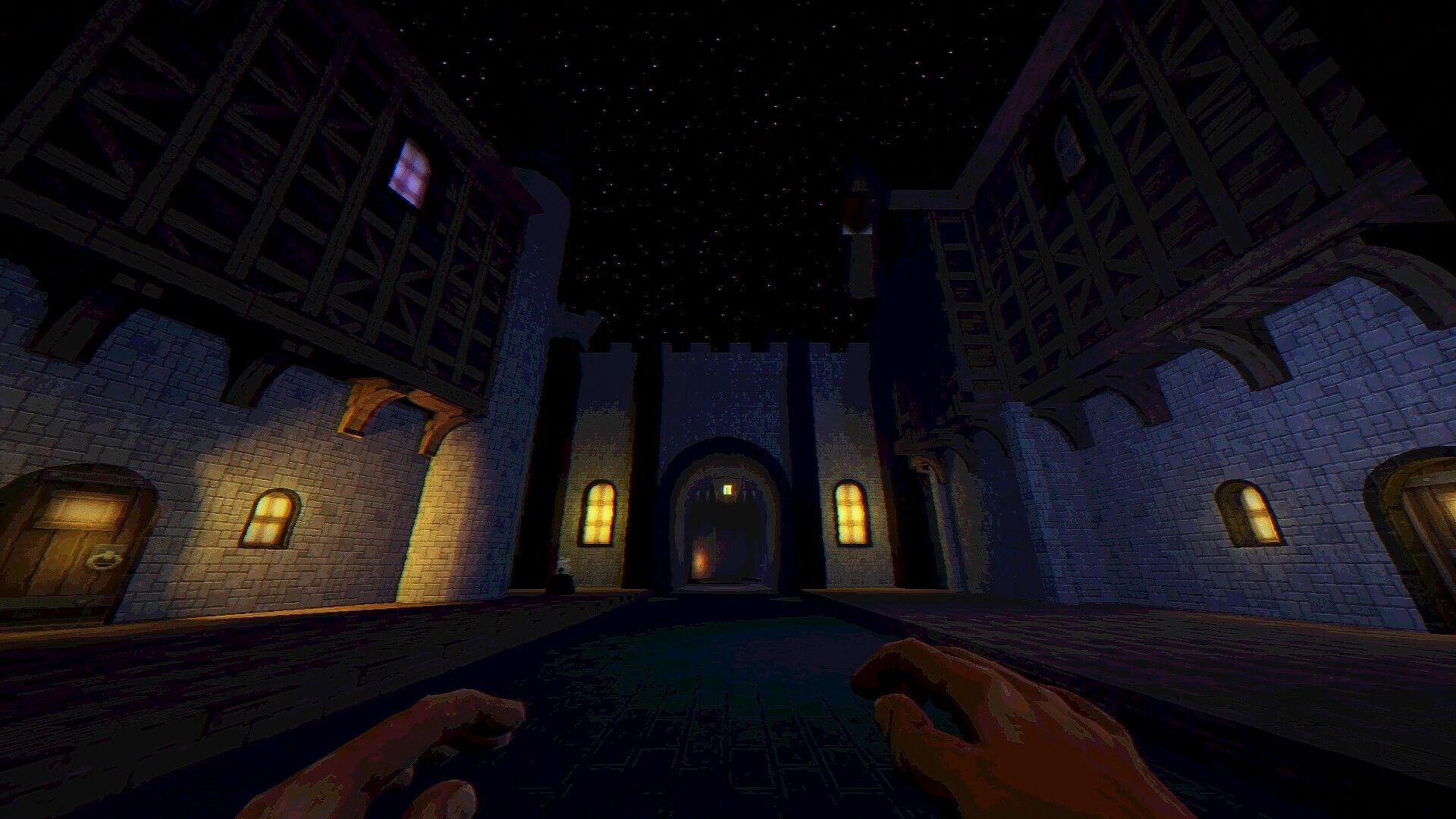 Blackout Jack: First-person view with raised hands in a moonlit medieval alley and archway gate ahead.