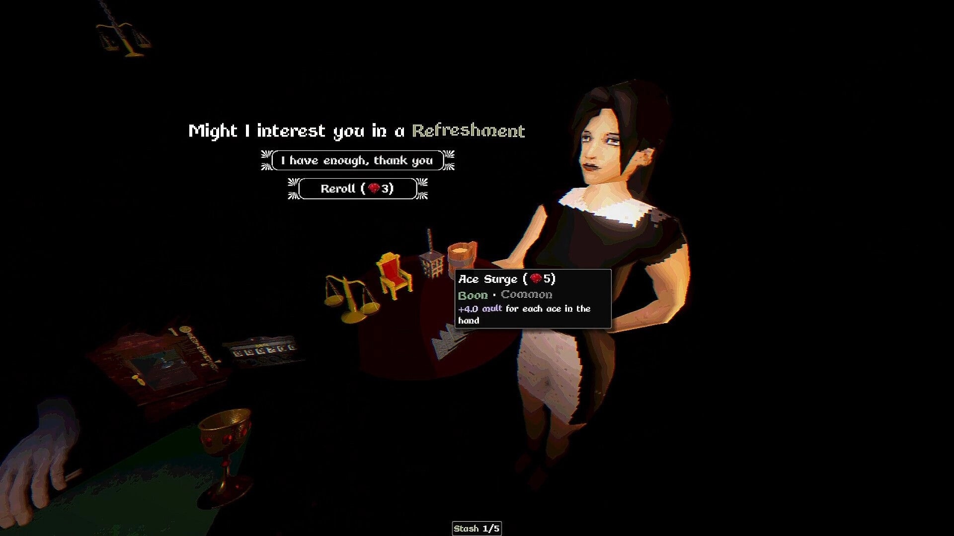 Blackout Jack: Refreshment vendor dialogue with reroll option and boon tooltip beside a table.