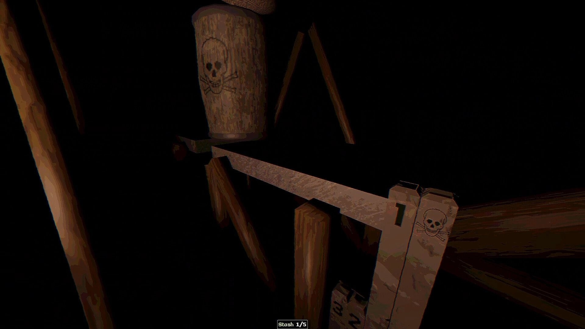 Blackout Jack: First-person view of skull-marked wooden crates and beams in a dark stash room.
