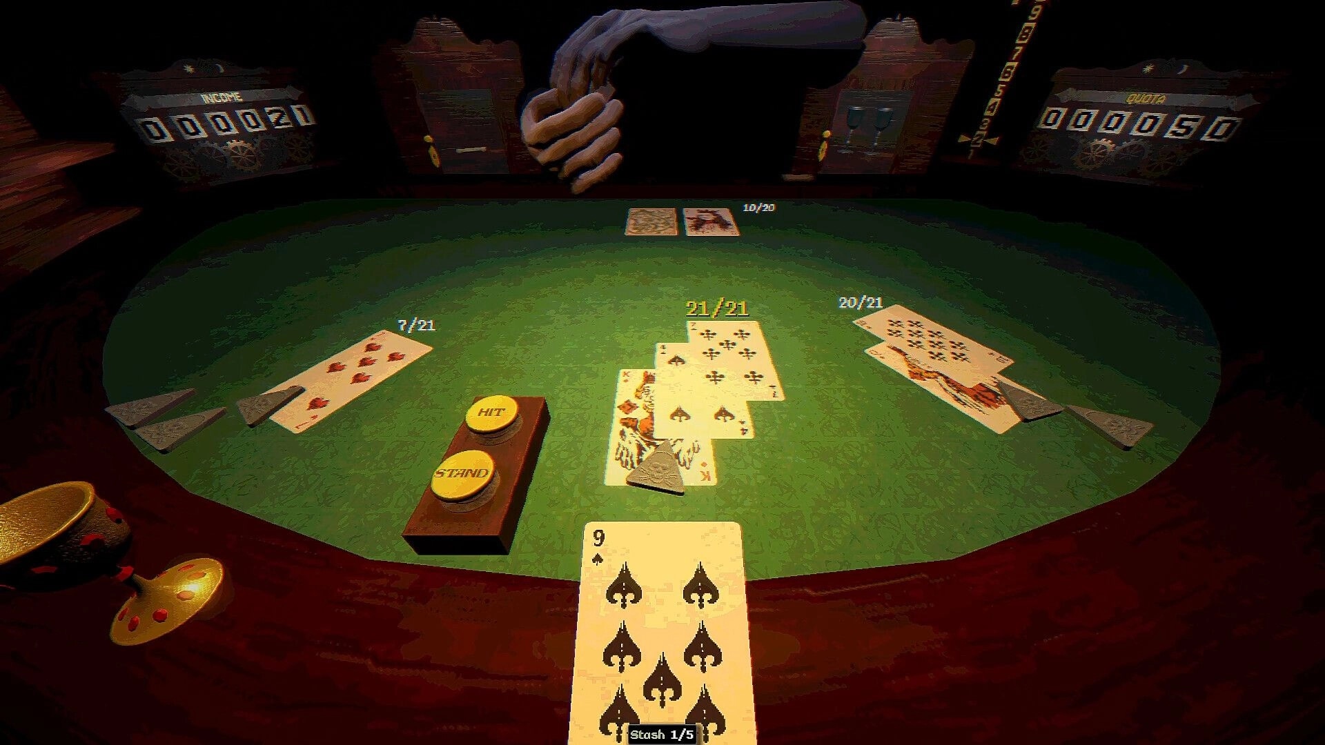 Blackout Jack: Blackjack table with Hit/Stand buttons and card totals in a dim saloon room.
