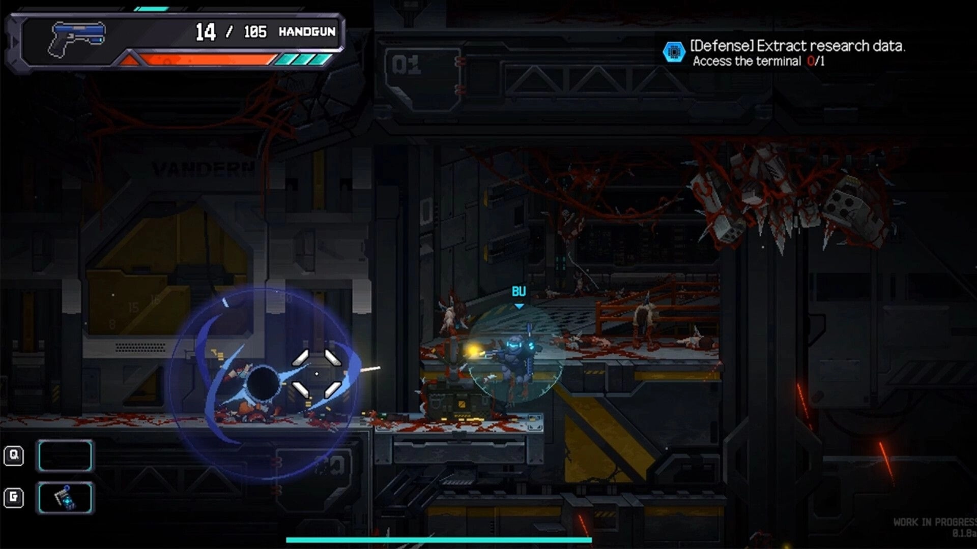 BLACKOUT: Combat with infected creatures in a dark, industrial facility with mission objectives displayed