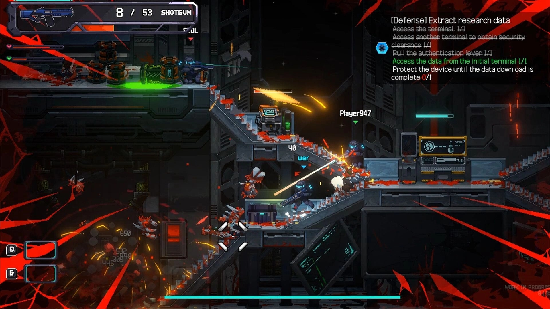 BLACKOUT: Players in intense combat with infected creatures on a dark, industrial staircase environment