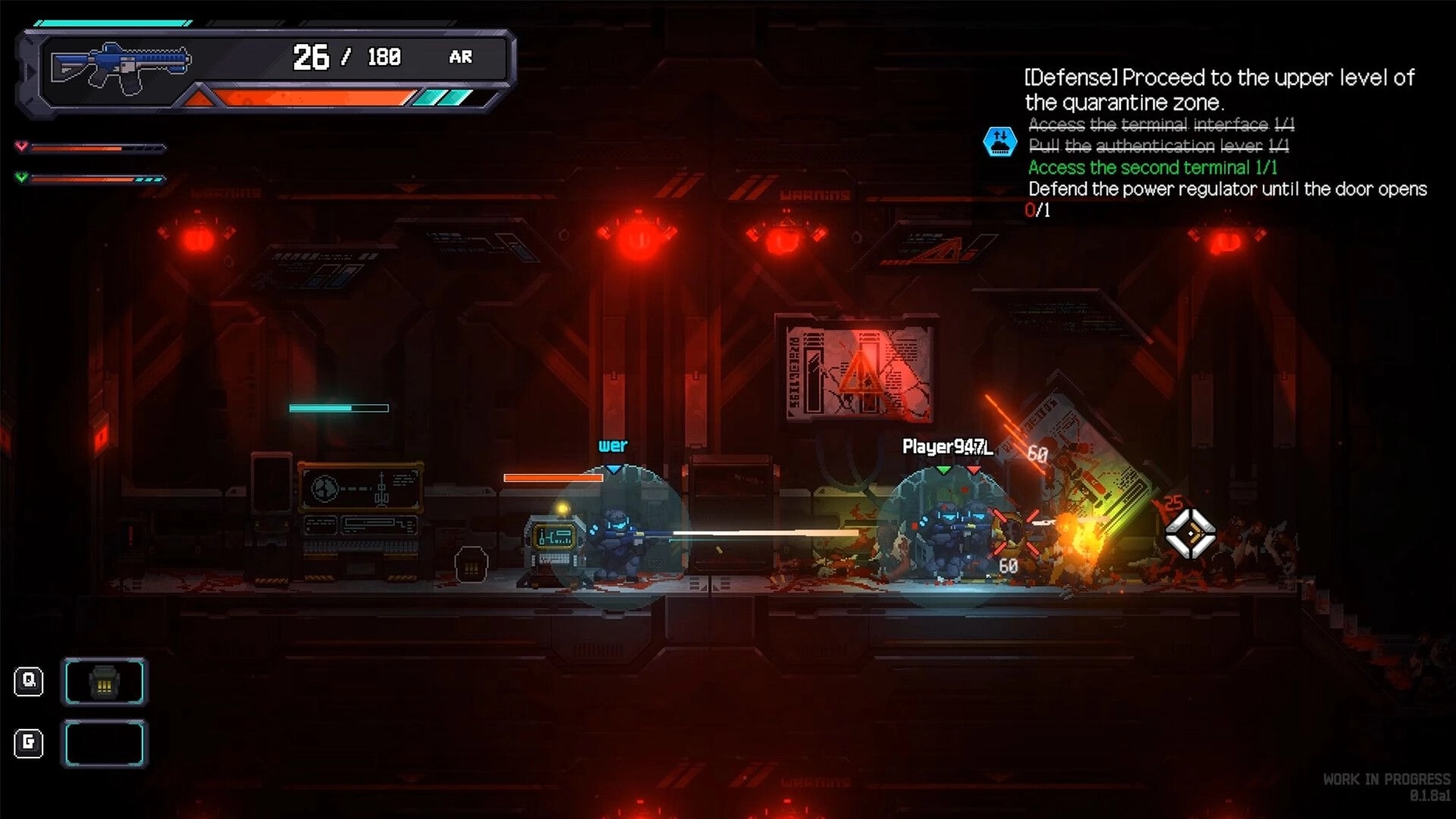 BLACKOUT: Intense firefight with robotic enemies in a dimly lit industrial corridor, objectives displayed.