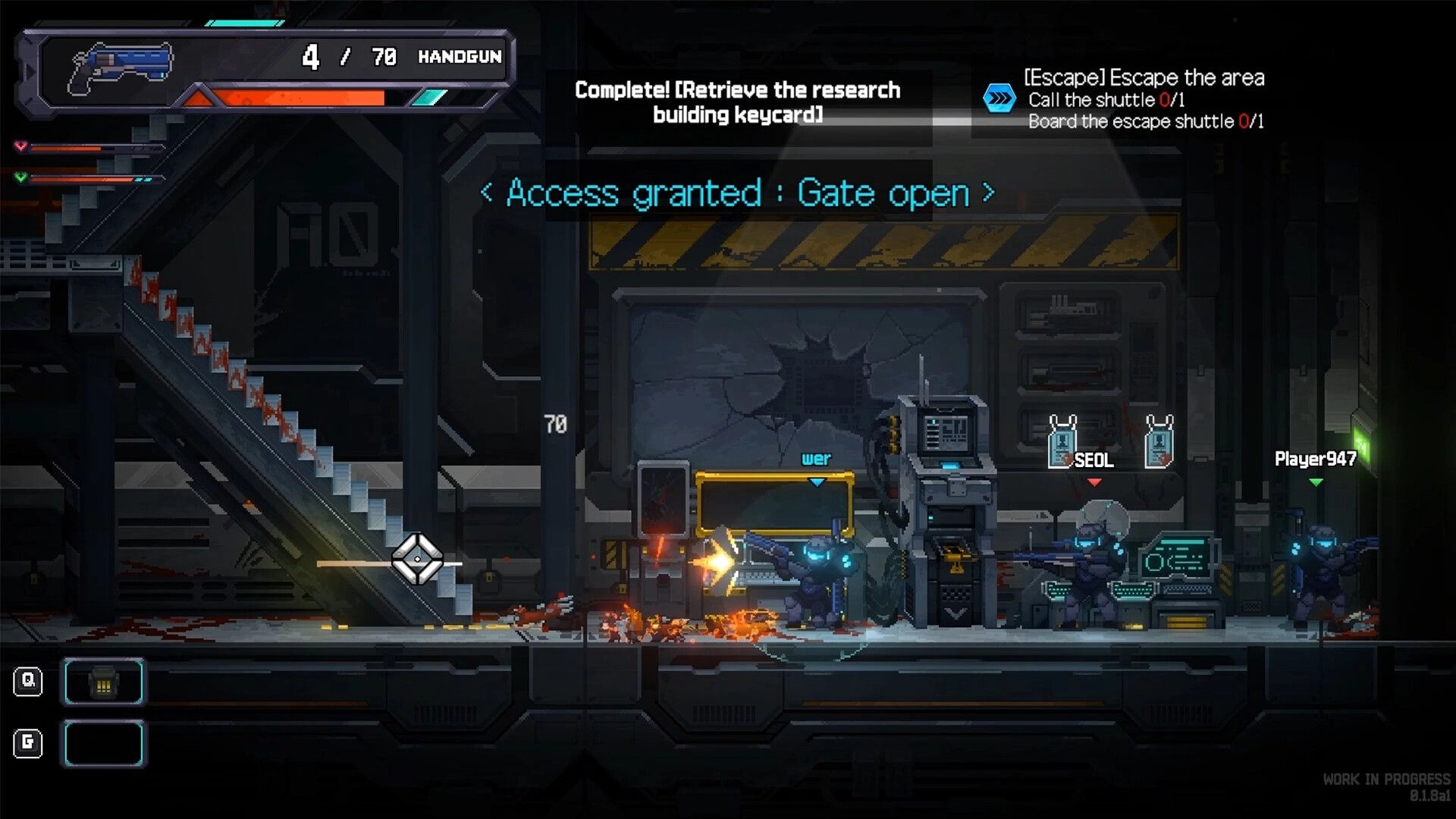 BLACKOUT: Characters SEOL and Player947 open gate in dark industrial facility with mission objectives visible