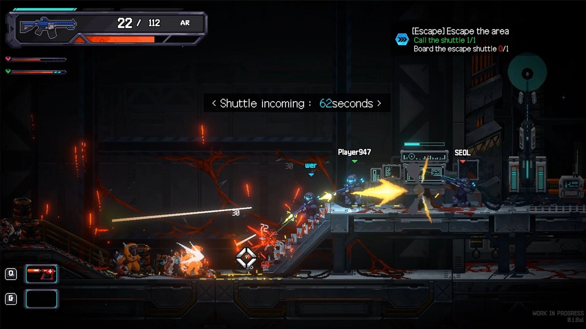 BLACKOUT: Players engage in intense combat with enemies in a dark industrial facility, awaiting shuttle.