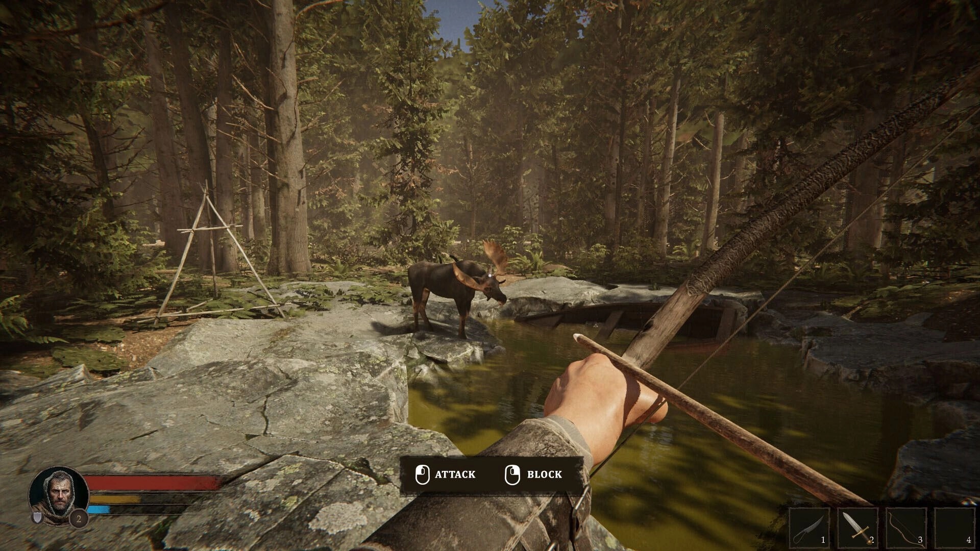 Blackroot: First-person view aiming a bow at a moose near a forest pond with attack and block options.