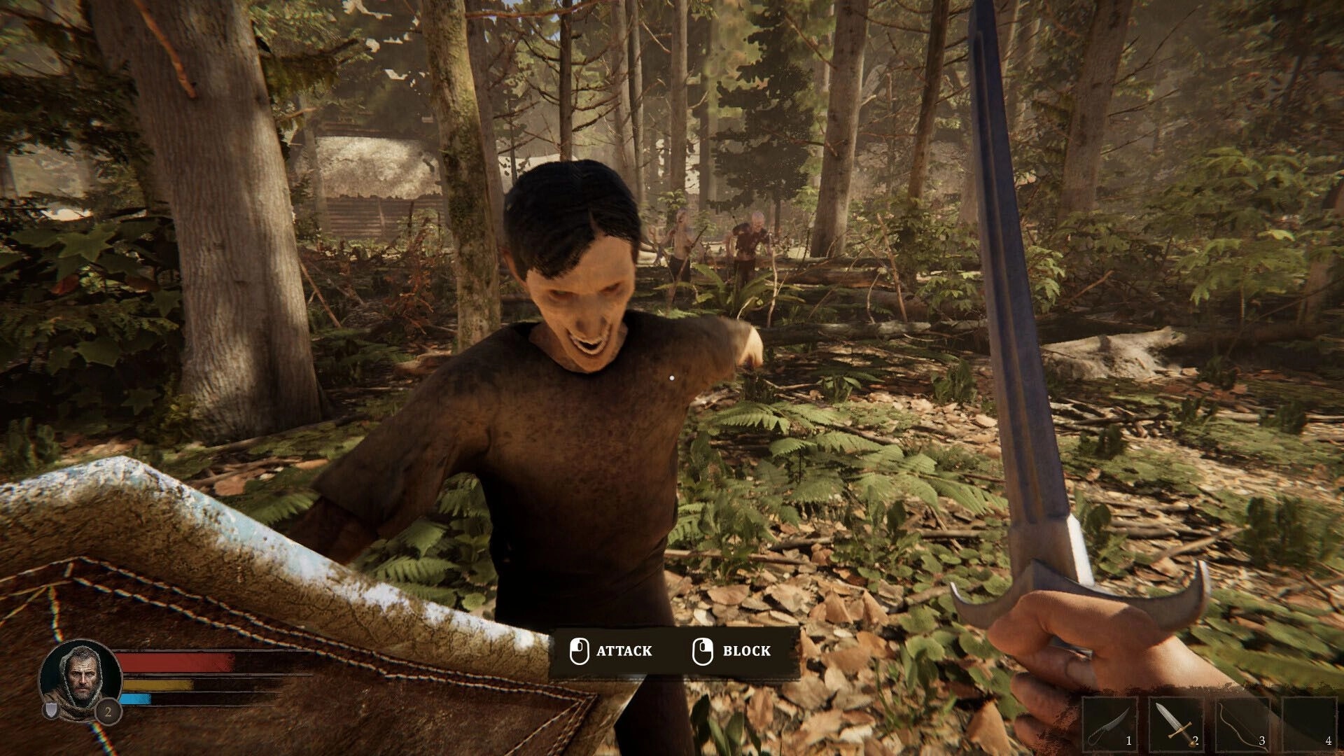 Blackroot: Player engaged in combat with undead in dense forest, attack and block options shown