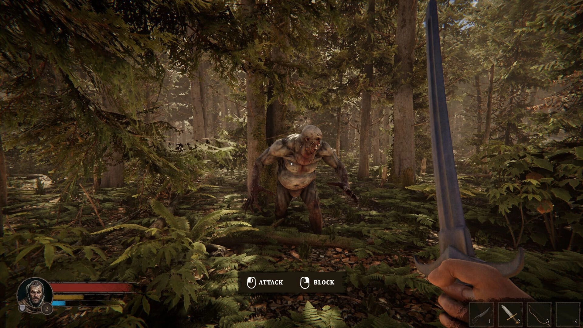 Blackroot: Player facing an undead creature in a dense forest with attack and block options visible