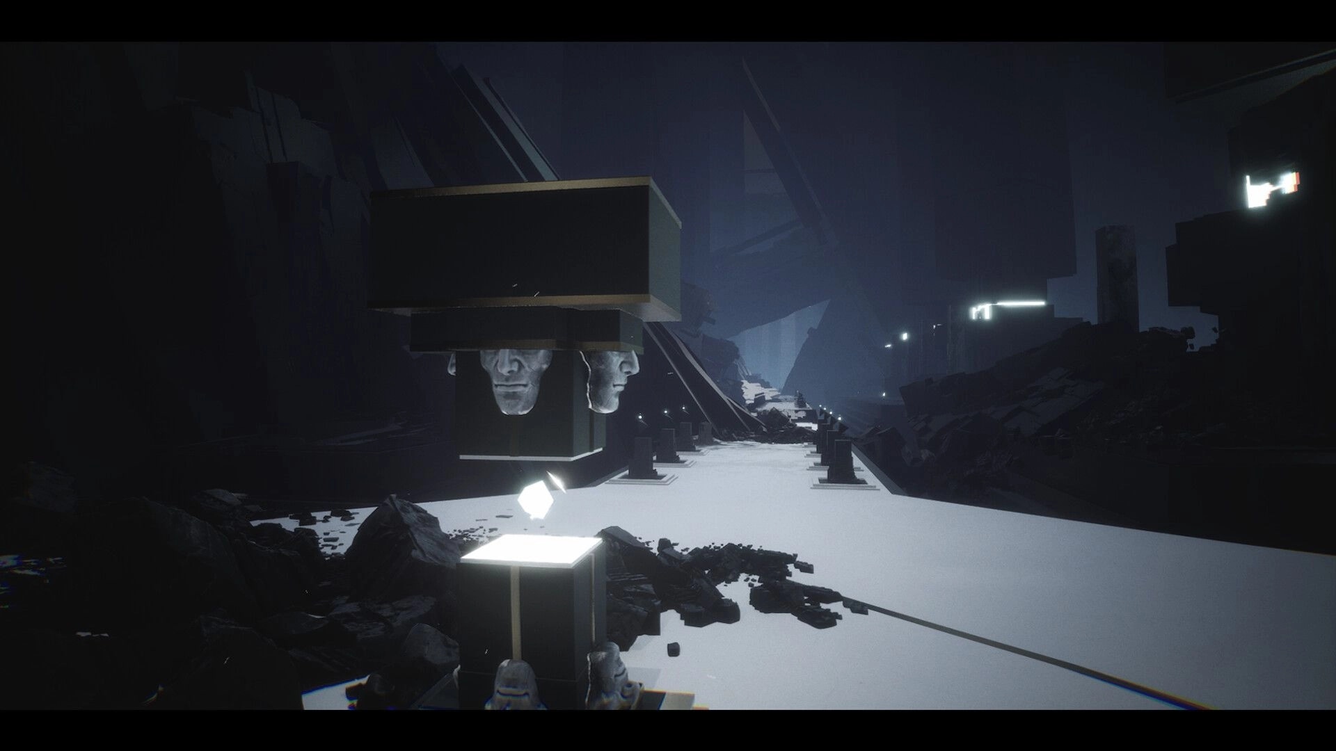 BLACKSHARD: Floating stone faces in dark, vast corridor of the Labyrinth, surrounded by mysterious debris.