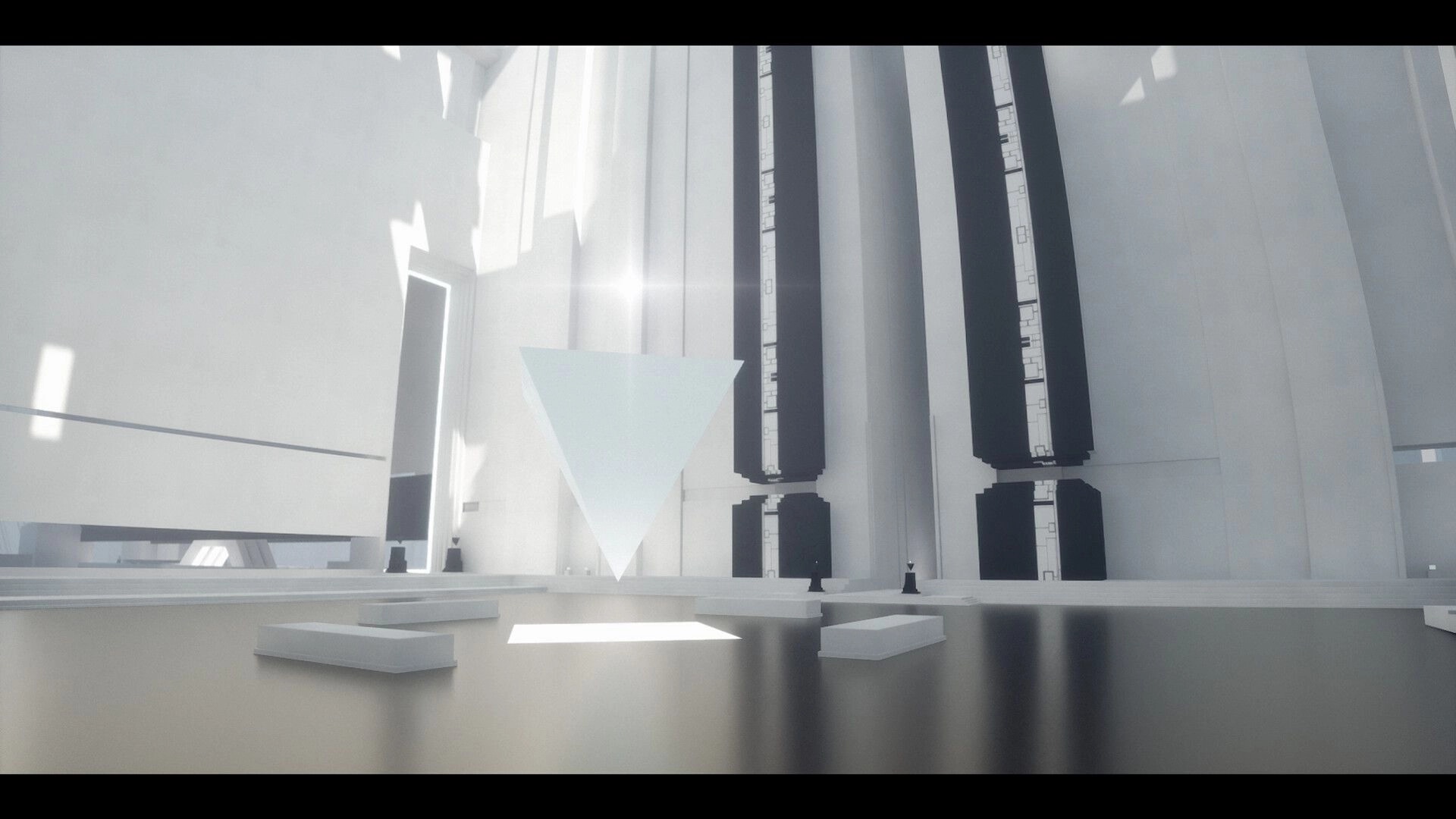 BLACKSHARD: Floating inverted pyramid in a vast, stark white chamber within the Labyrinth environment