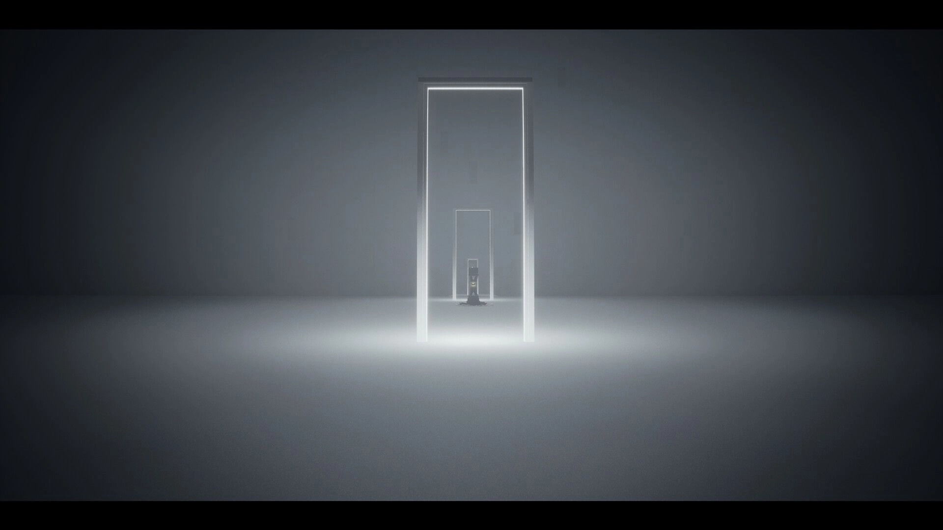 BLACKSHARD: Endless corridor of glowing doorways in a minimalistic, shadowy environment of the Labyrinth