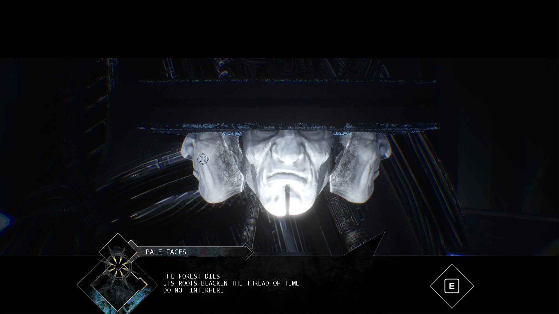 BLACKSHARD: Faces emerge from darkness with cryptic text overlay in the eerie Labyrinth environment.