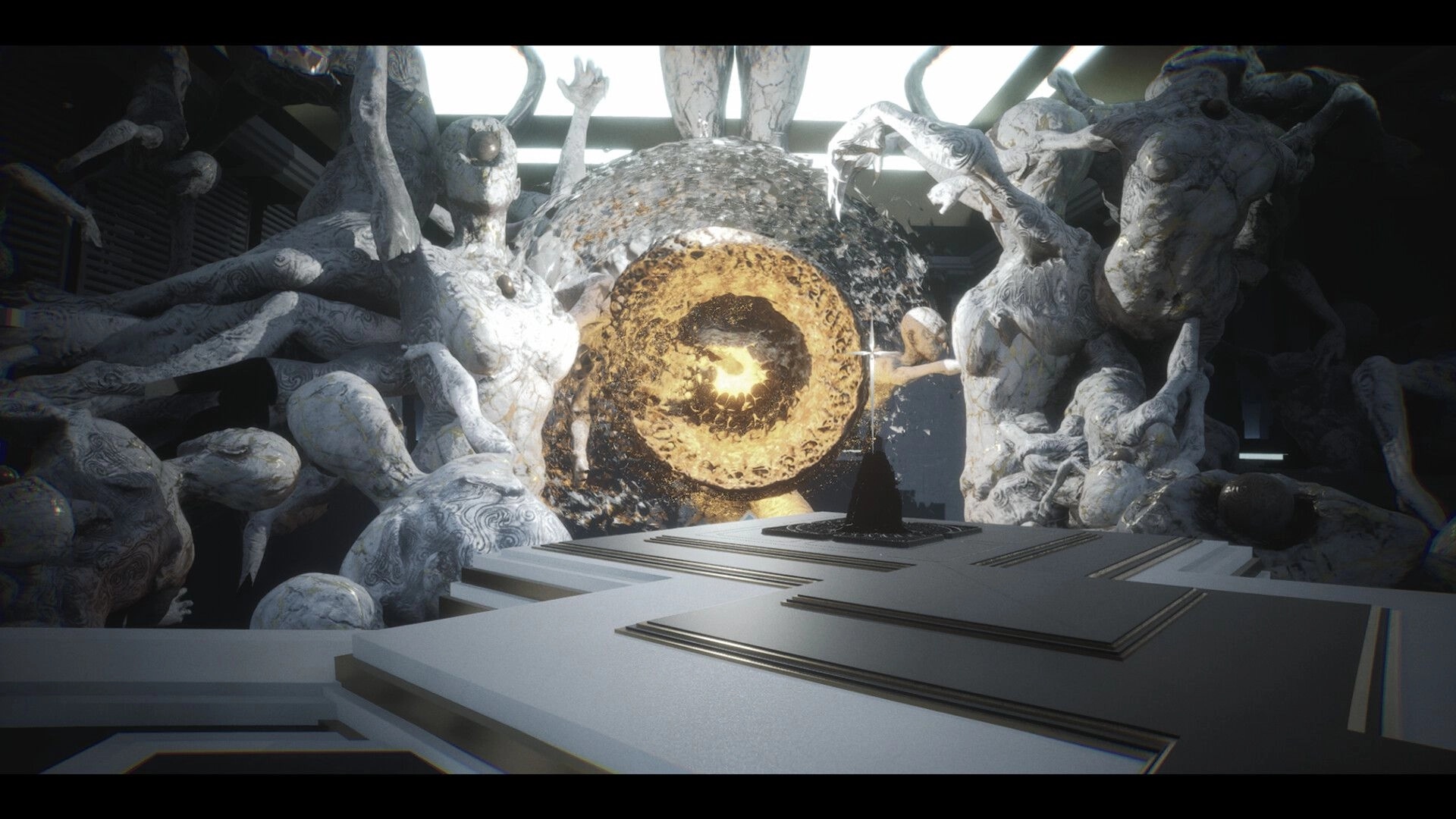 BLACKSHARD: Surreal stone figures encircle a glowing portal in the Labyrinth's eerie chamber