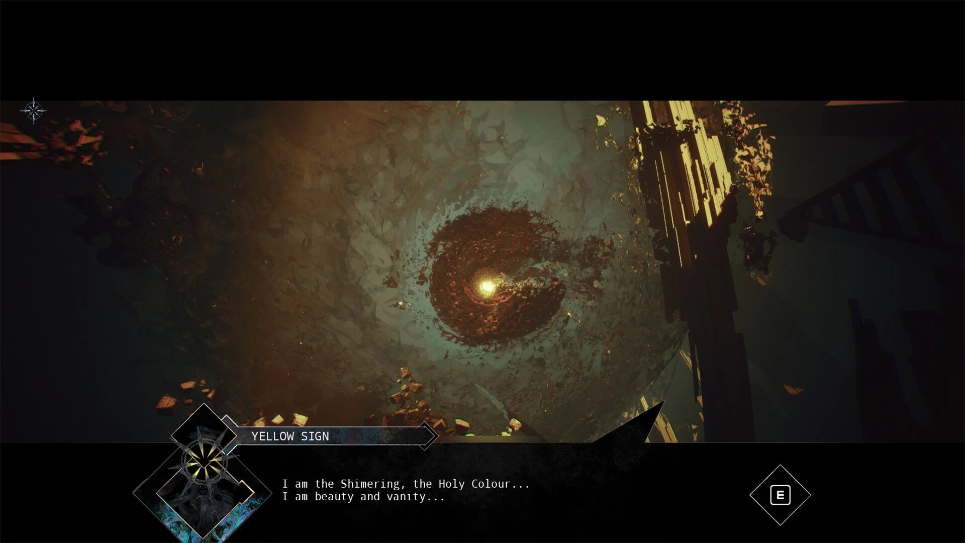 BLACKSHARD: View of swirling vortex in Labyrinth with dialogue from Yellow Sign at bottom of screen