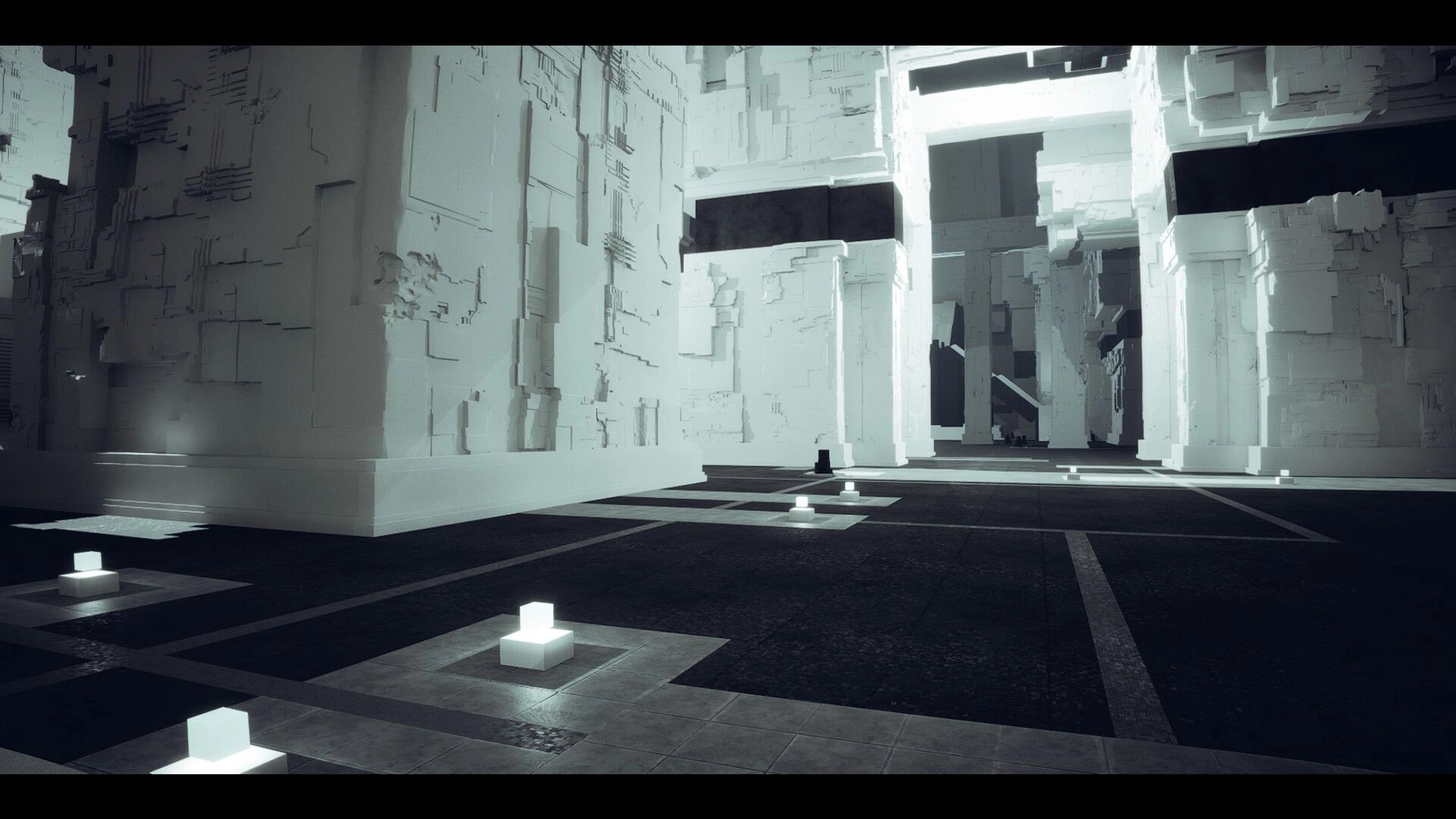 BLACKSHARD: Exploring vast white megastructure interior with glowing floor tiles in the Labyrinth.