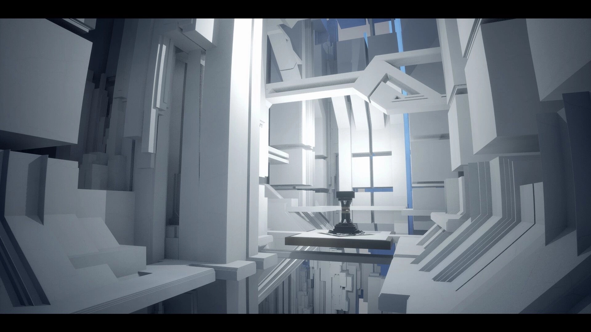 BLACKSHARD: Exploring a vast white labyrinthine structure with intricate geometric patterns and pathways