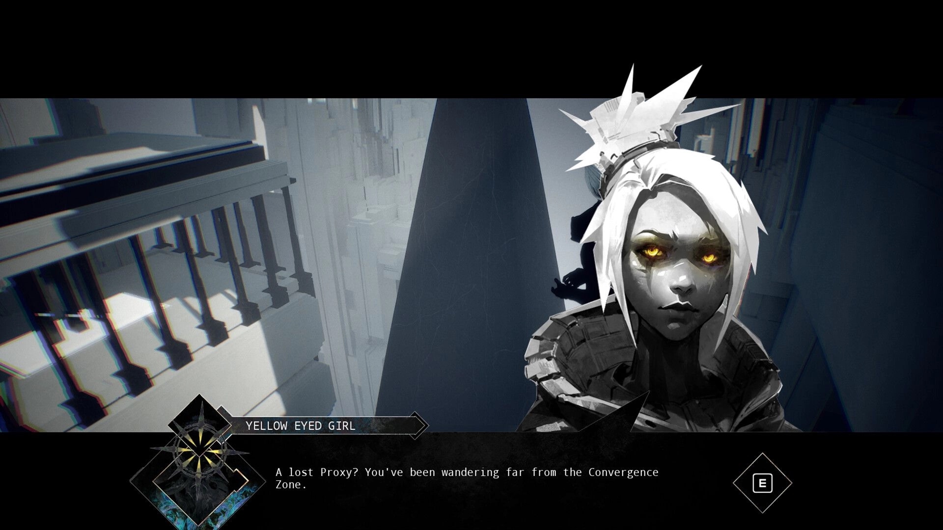 BLACKSHARD: Yellow Eyed Girl dialogue in a mysterious, monochrome architectural environment