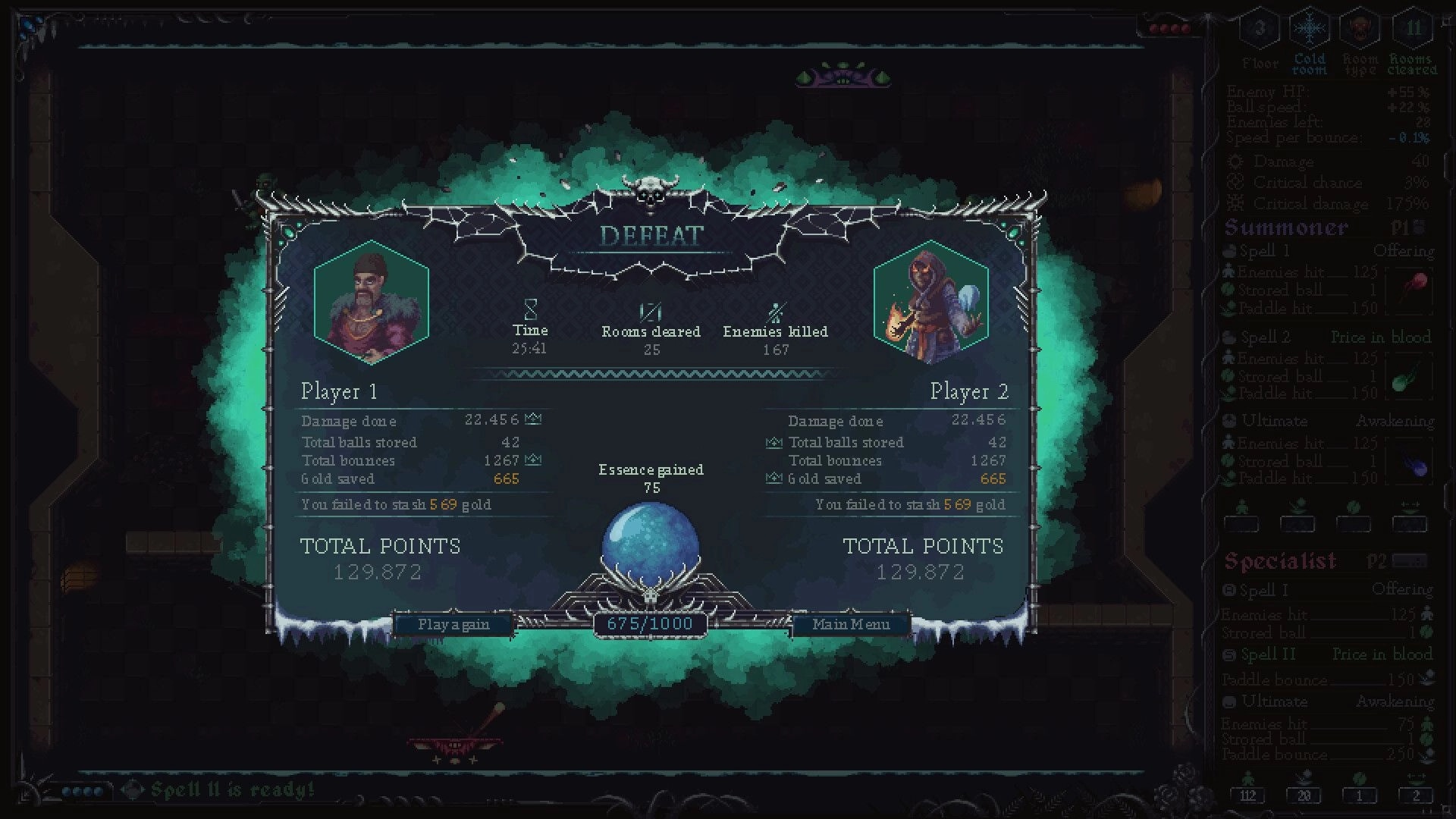 Blackthorn Winter: Defeat screen showing player stats, total points, and option to play again or exit.