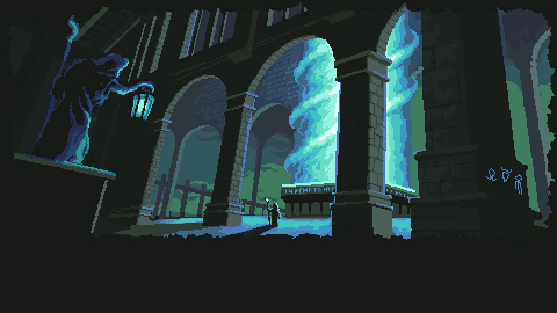 Blackthorn Winter: Mysterious figure beneath archways with glowing runes in a dimly lit ancient hall