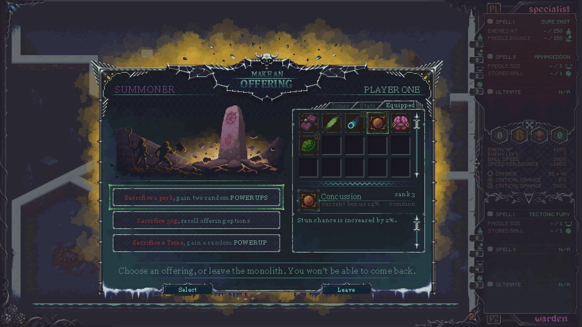 Blackthorn Winter: Offering menu with character inventory and spell stats in dungeon setting