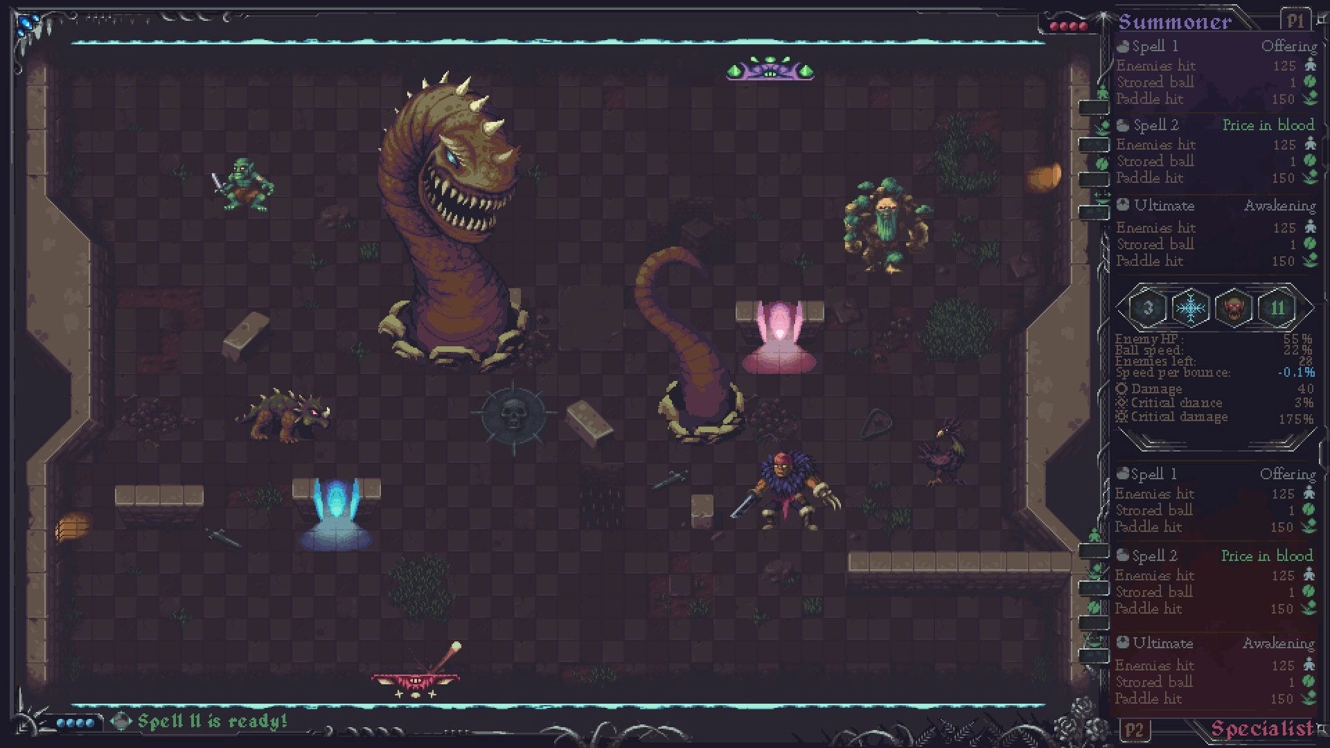 Blackthorn Winter: Player battles giant worm and monsters in dungeon with spell menu on right side