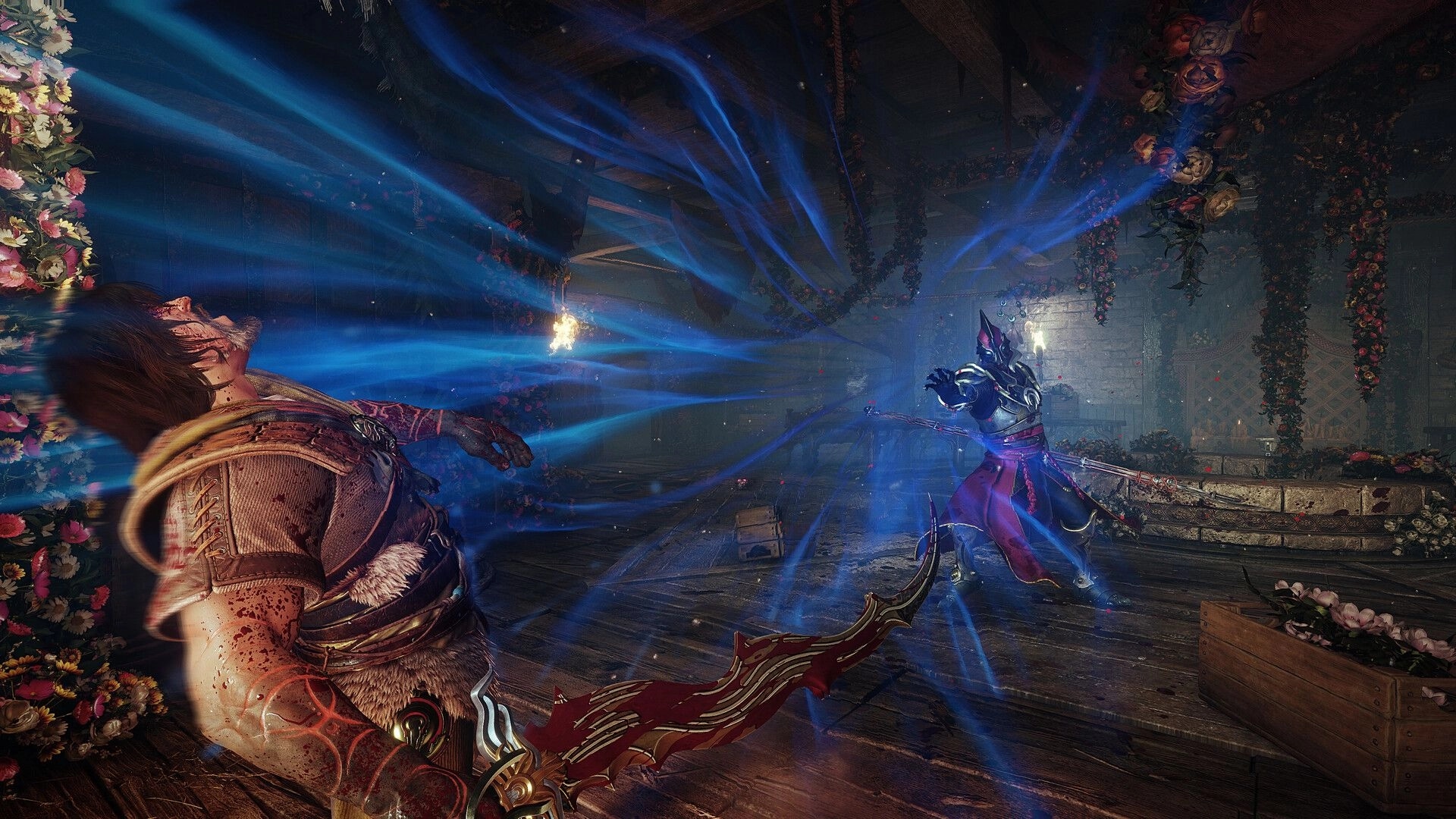 Blades of Fire: Warrior reels as blue magic blasts from armored foe inside flower-draped hall.