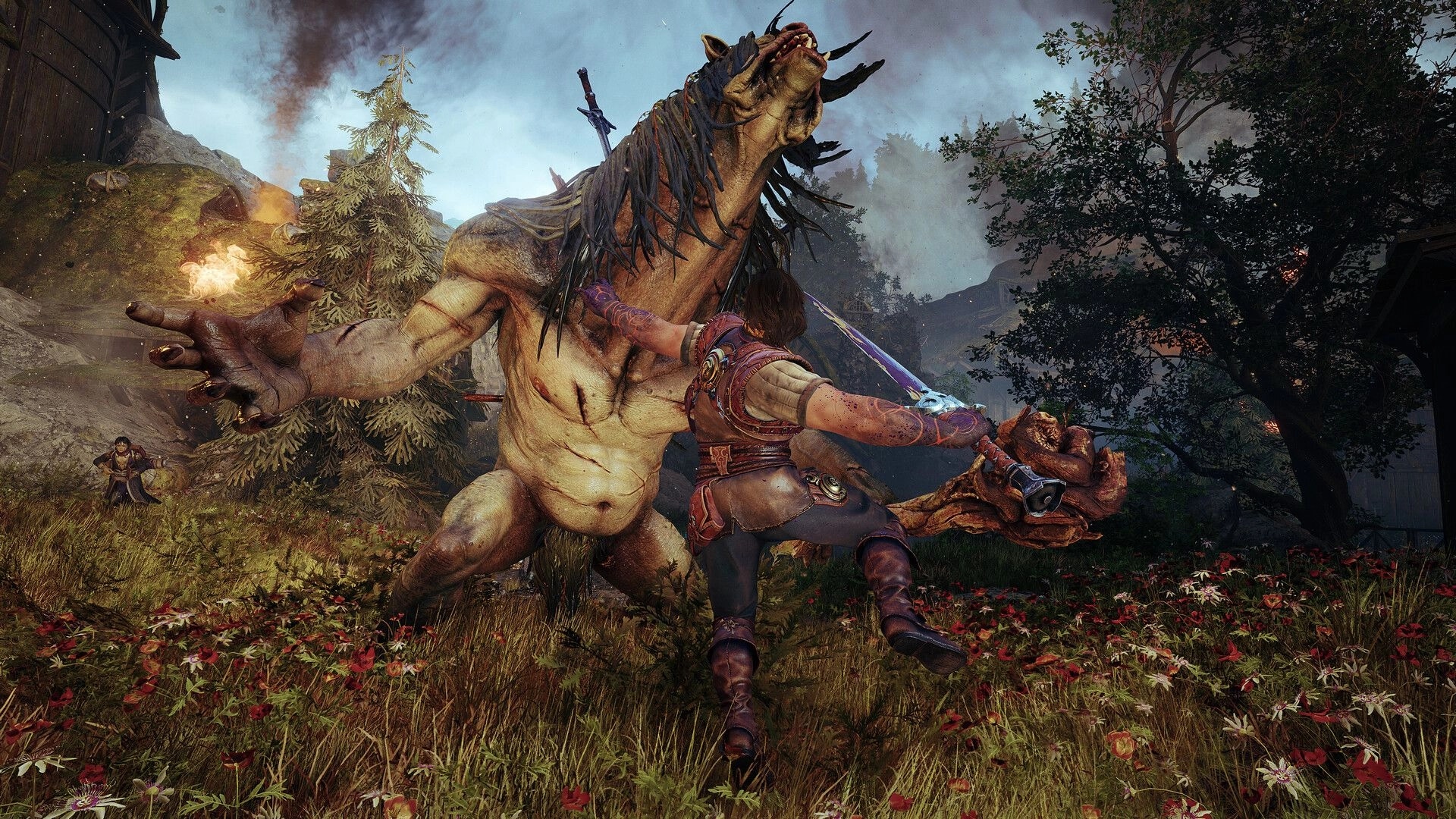 Blades of Fire: Warrior slashes a towering beast with a glowing sword in a forested hillside clearing.