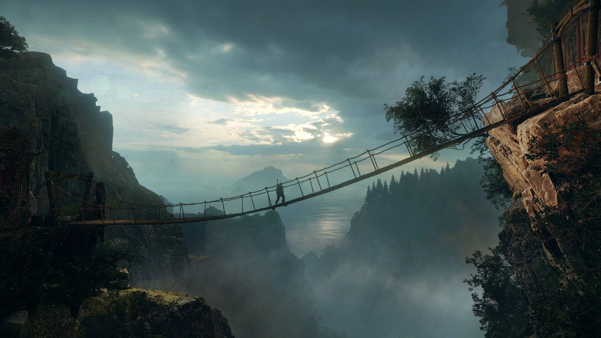 Blades of Fire: Lone adventurer crossing a swaying rope bridge over misty sea cliffs at dusk.