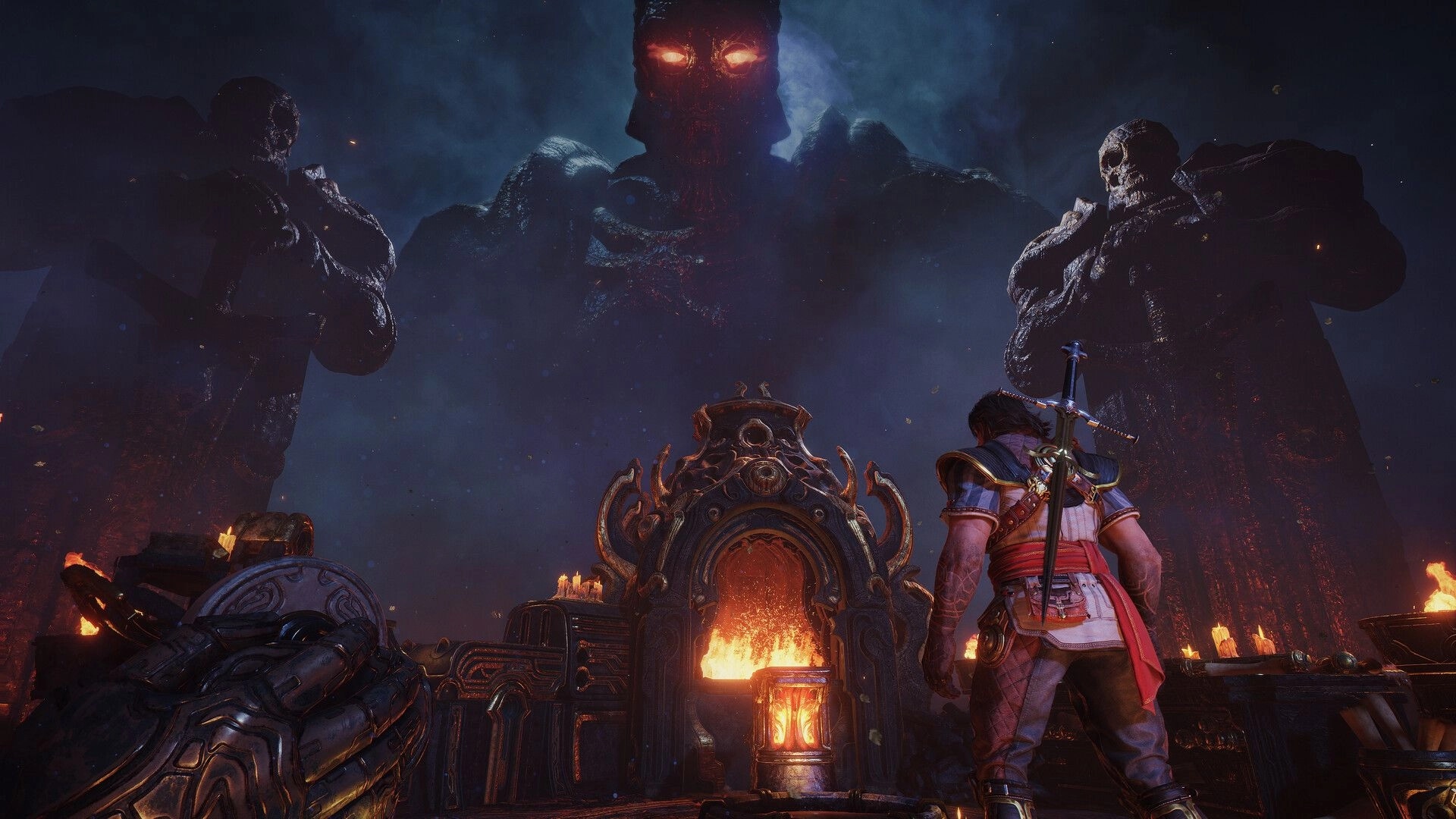 Blades of Fire: Warrior faces blazing forge beneath towering stone giants in a smoky dark hall.