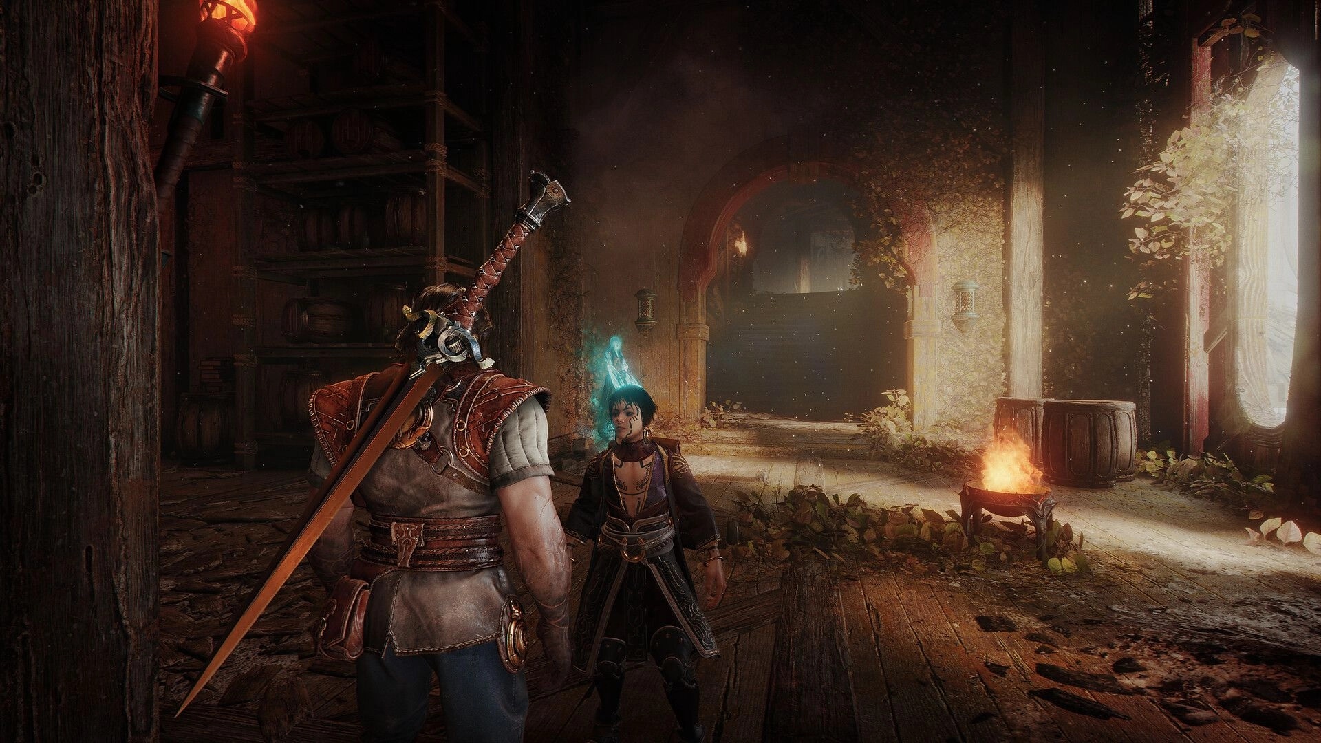 Blades of Fire: Player with greatsword speaks to blue-lit mage in a ruined hall by a brazier.
