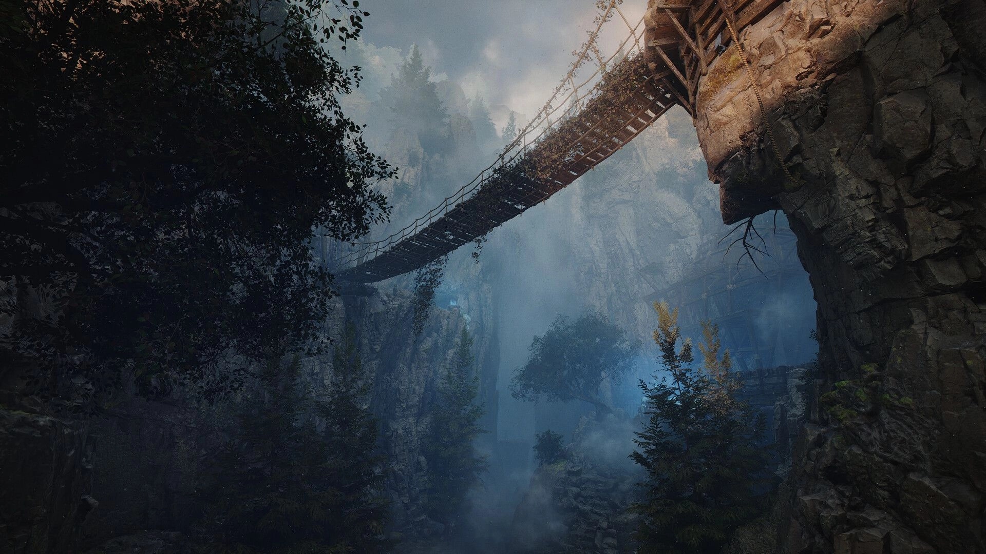 Blades of Fire: Narrow rope bridge spans a foggy ravine between cliffs in dense forest canyon.
