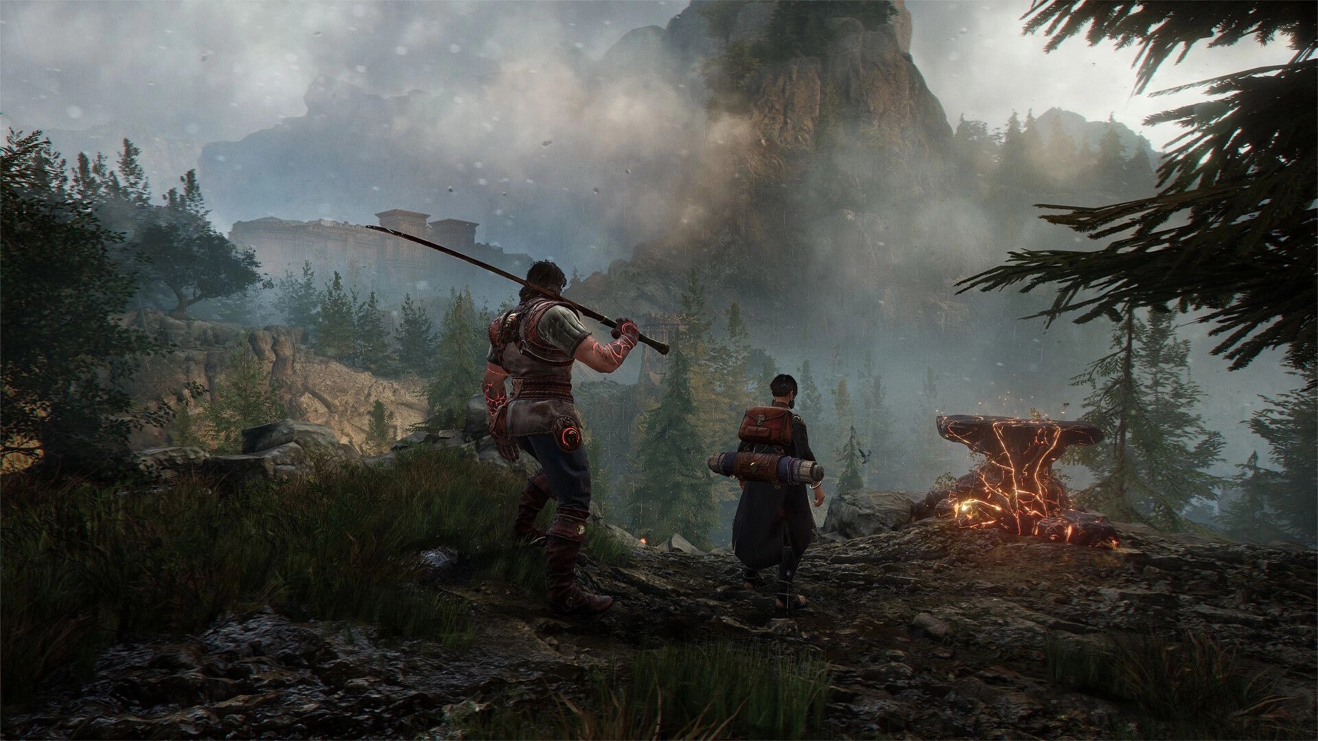 Blades of Fire: Two adventurers approach a glowing anvil on a misty mountain forest overlook.
