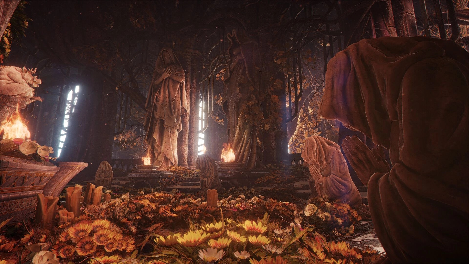 Blades of Fire: Hooded prayer statues and burning braziers amid flowers in a ruined chapel hall.