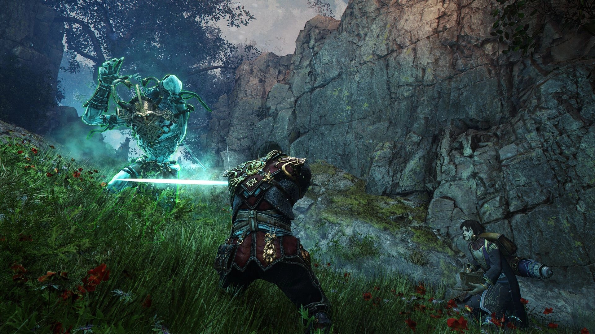 Blades of Fire: Warrior blocks a glowing specter’s strike on a grassy cliffside by rock wall.