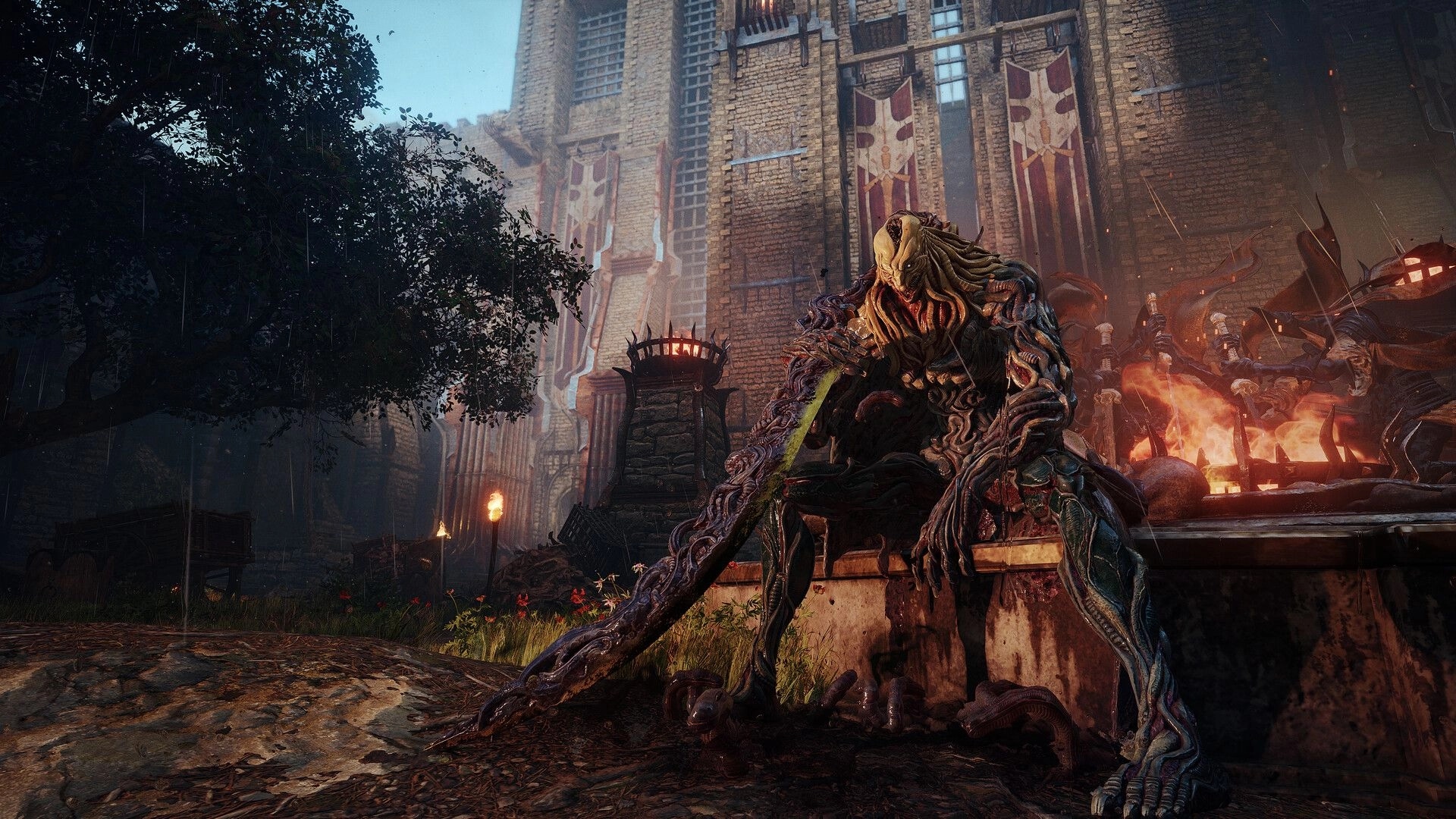 Blades of Fire: Tentacled armored creature crouches by burning forge outside a bannered stone fortress.