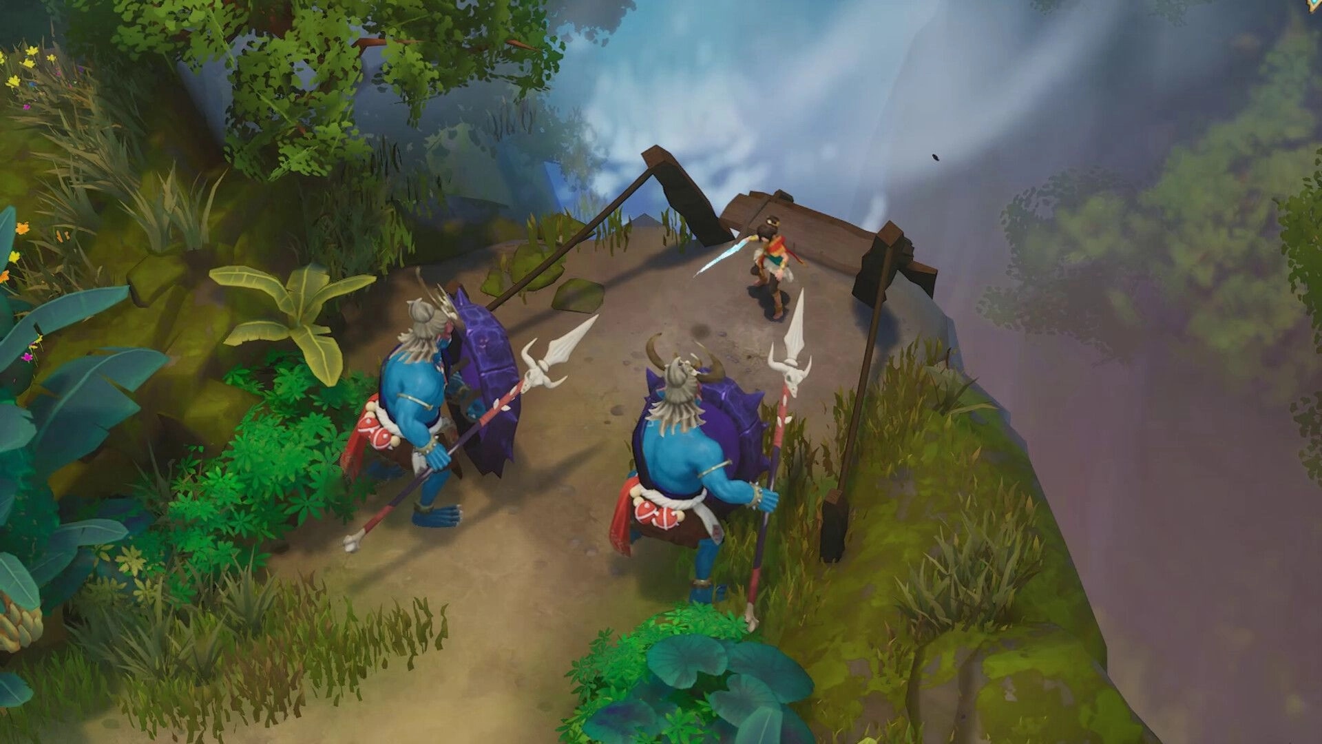 Blades of Mirage: Hero with glowing blade faces two spear brutes on a cliffside jungle path.