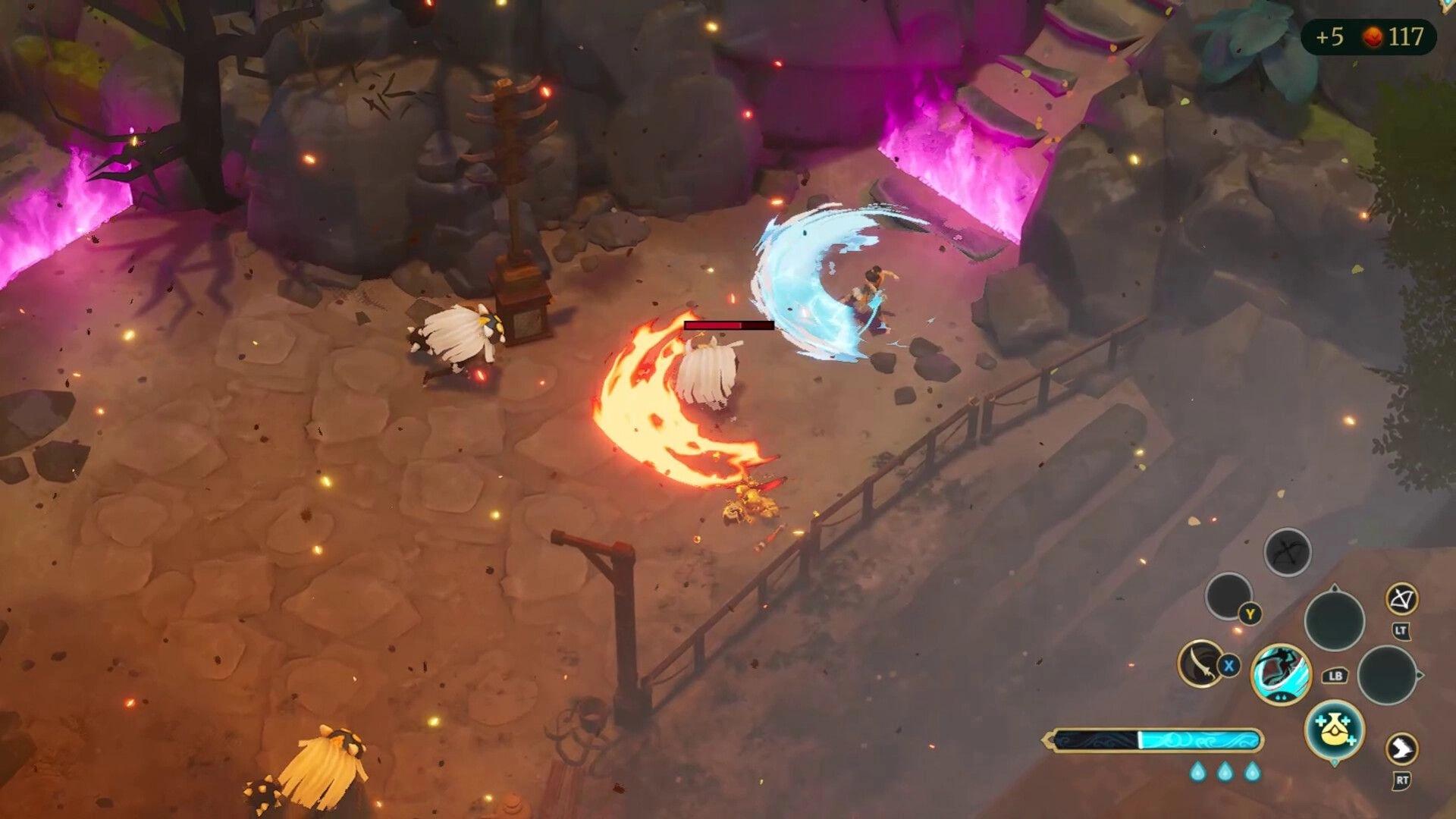 Blades of Mirage: Hero swings a water blade at masked foes in rocky ruins with glowing purple rifts and UI icons.