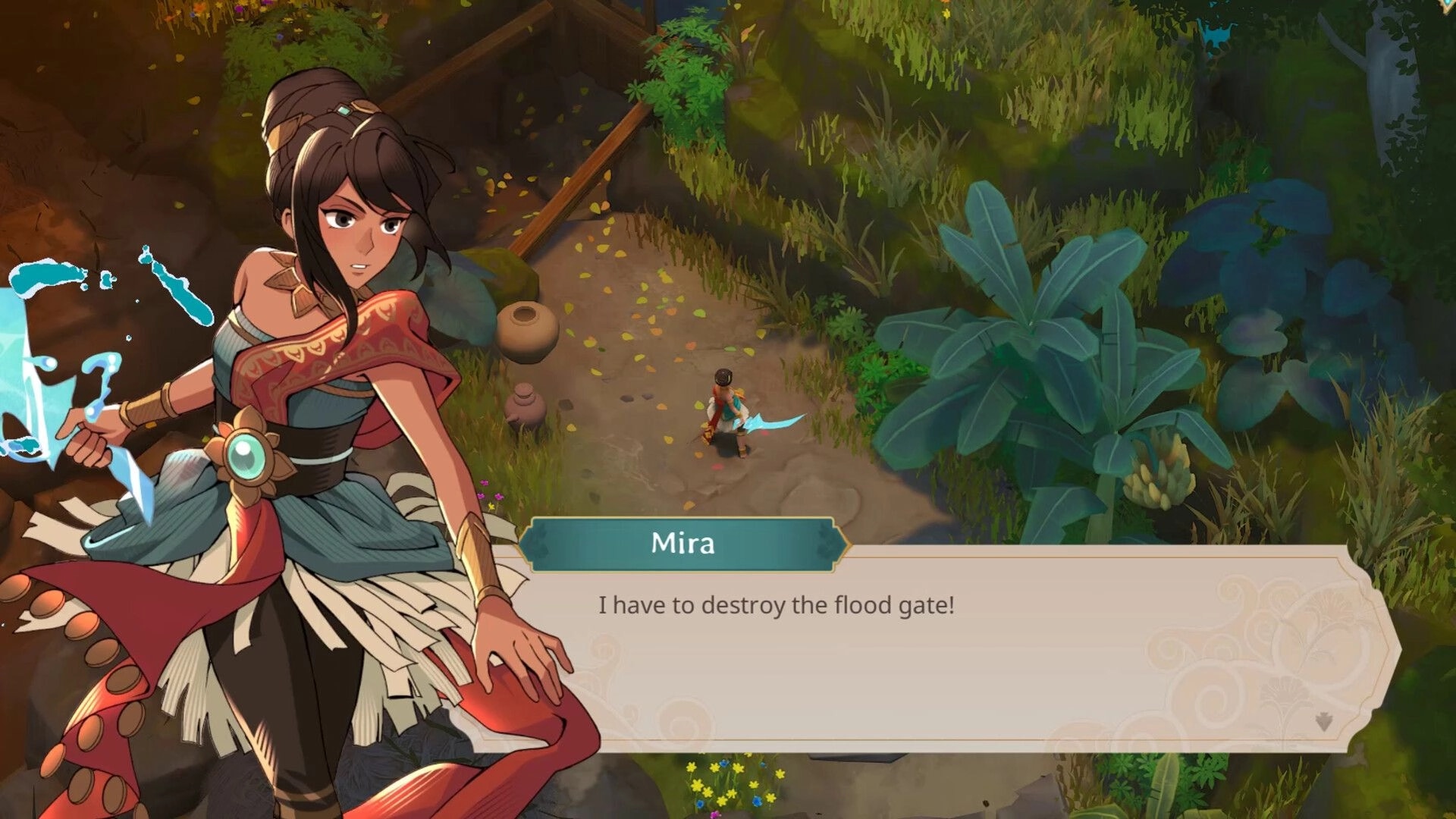 Blades of Mirage: Mira dialogue box over isometric jungle path, holding a water blade near clay pots.