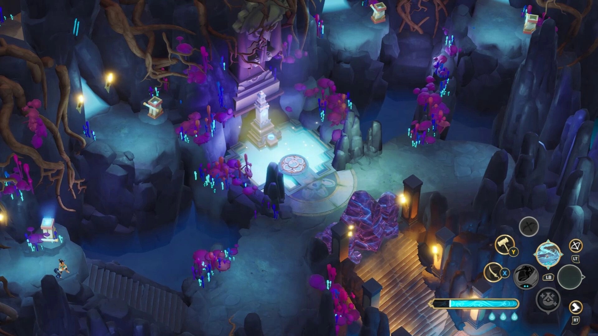 Blades of Mirage: Isometric hero explores glowing shrine pool in crystal cave, ability icons on HUD.