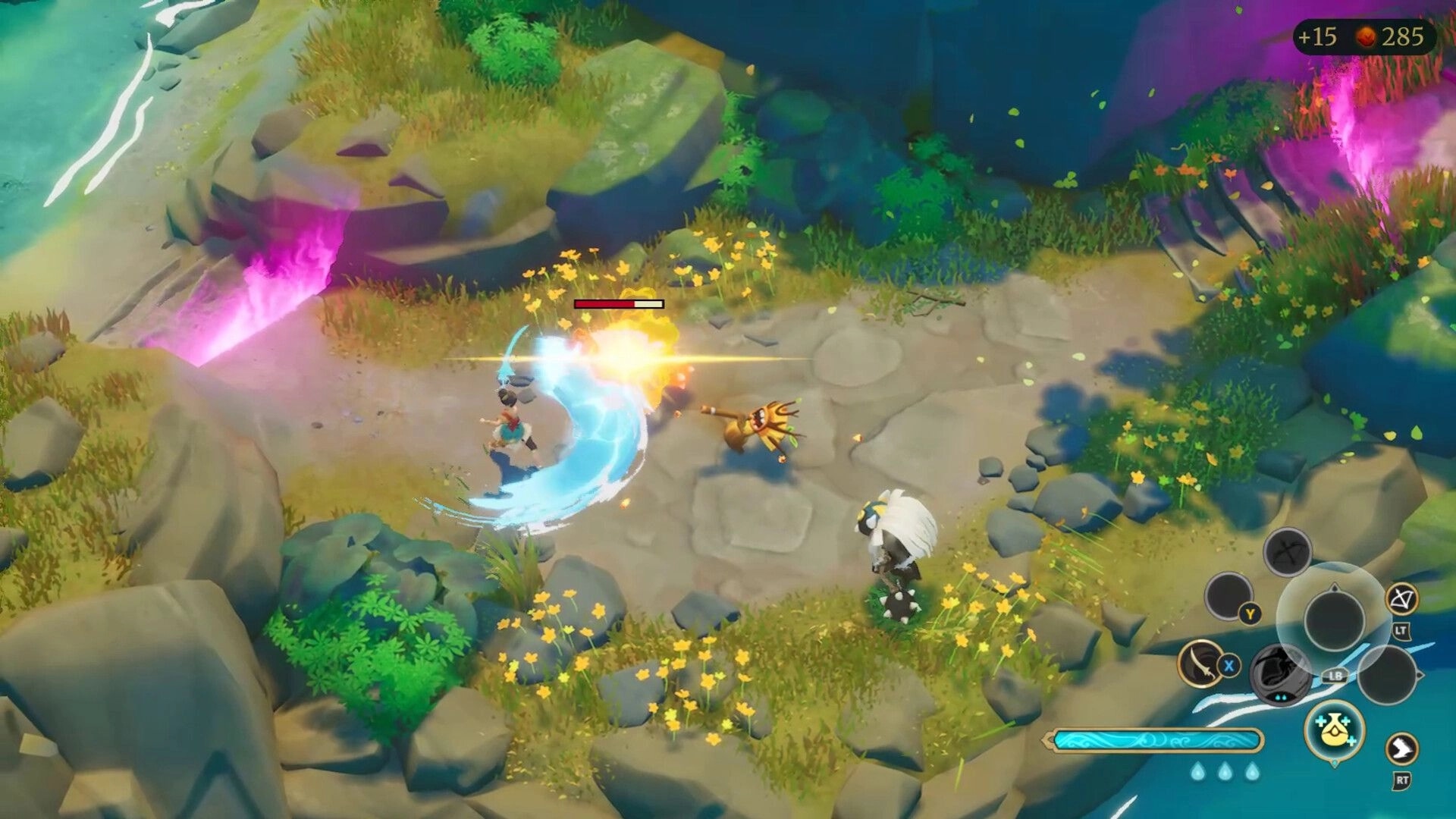 Blades of Mirage: Hero swings a water blade at an enemy on a rocky path with purple rifts and UI icons.