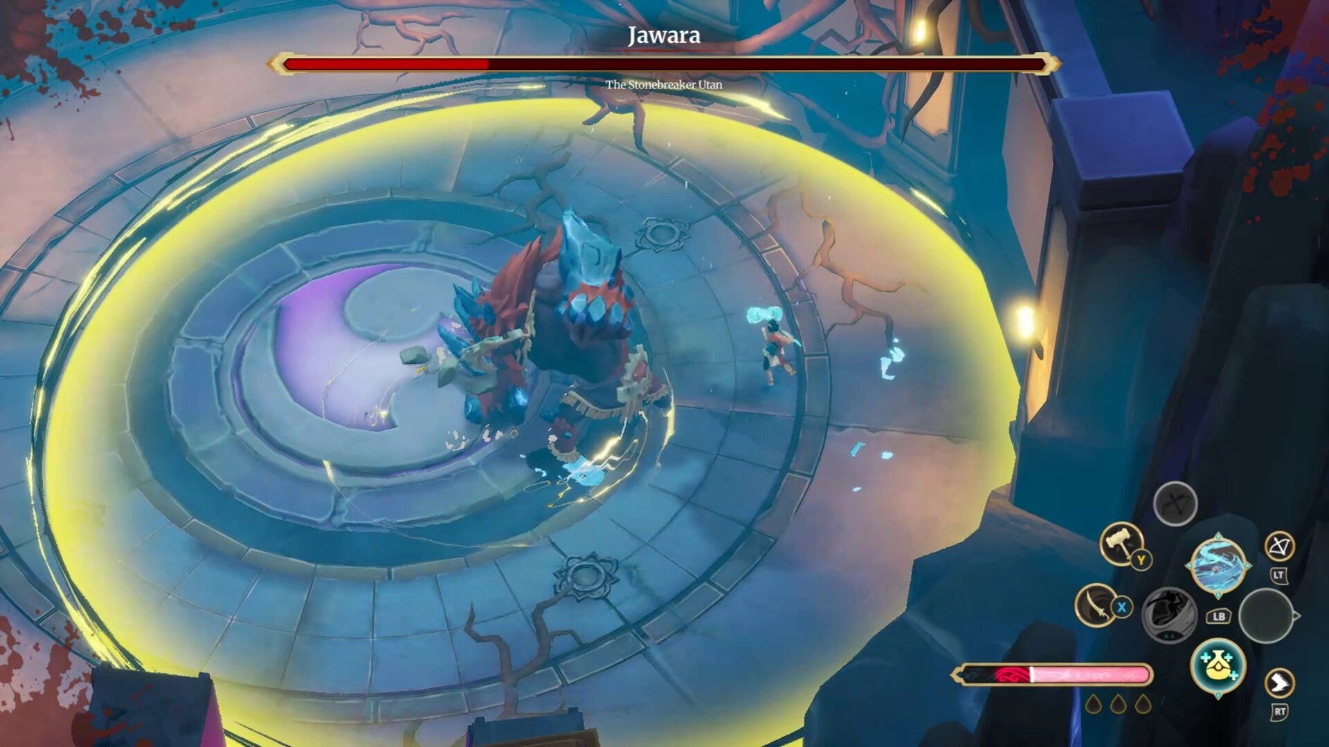 Blades of Mirage: Boss fight with Jawara health bar above a beast in a glowing circular arena ruins.