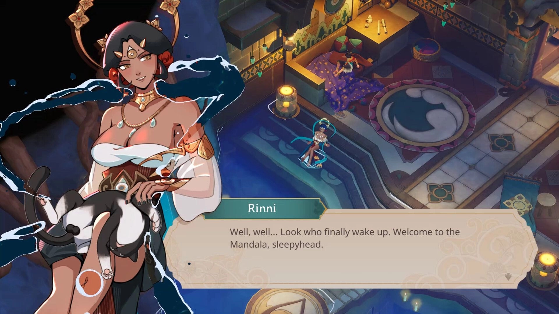 Blades of Mirage: Dialogue scene with Rinni portrait and text box in an ornate isometric palace room.
