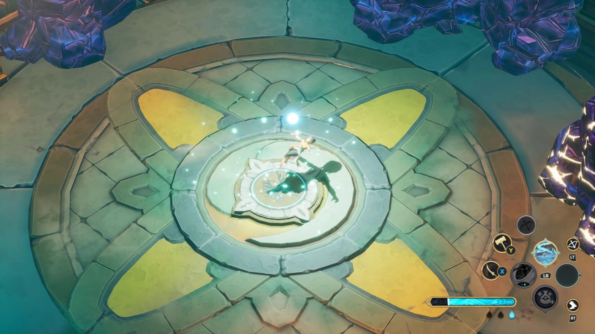 Blades of Mirage: Hero lies on a glowing circular rune platform in stone ruins, ability icons visible.