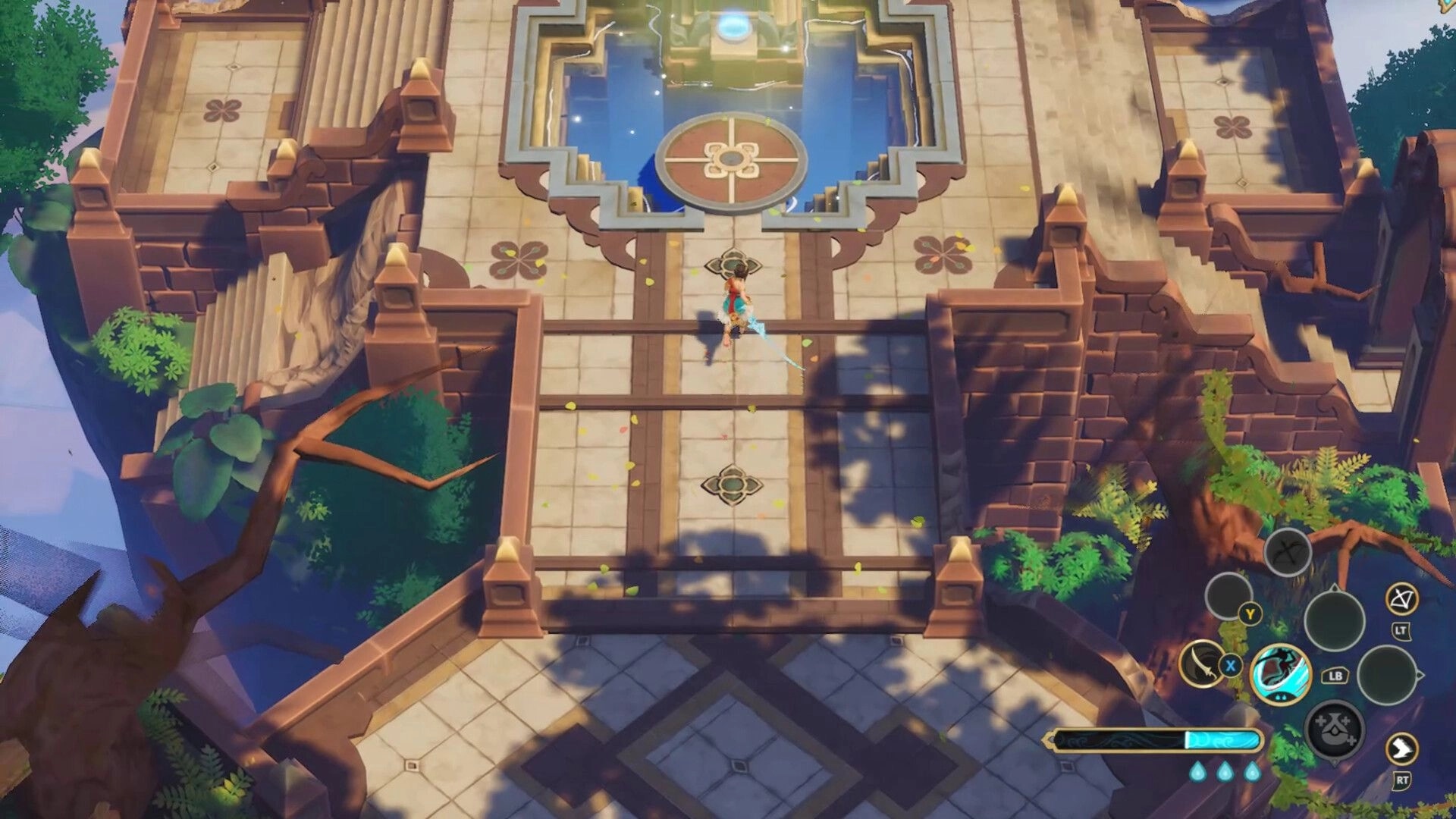 Blades of Mirage: Hero stands on temple bridge with water blade, ability wheel UI over sunlit ruins.