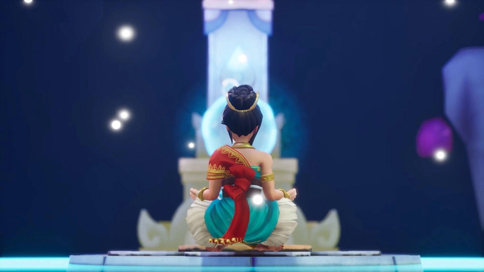 Blades of Mirage: Mira meditates before a glowing portal altar in a dark temple chamber with motes.