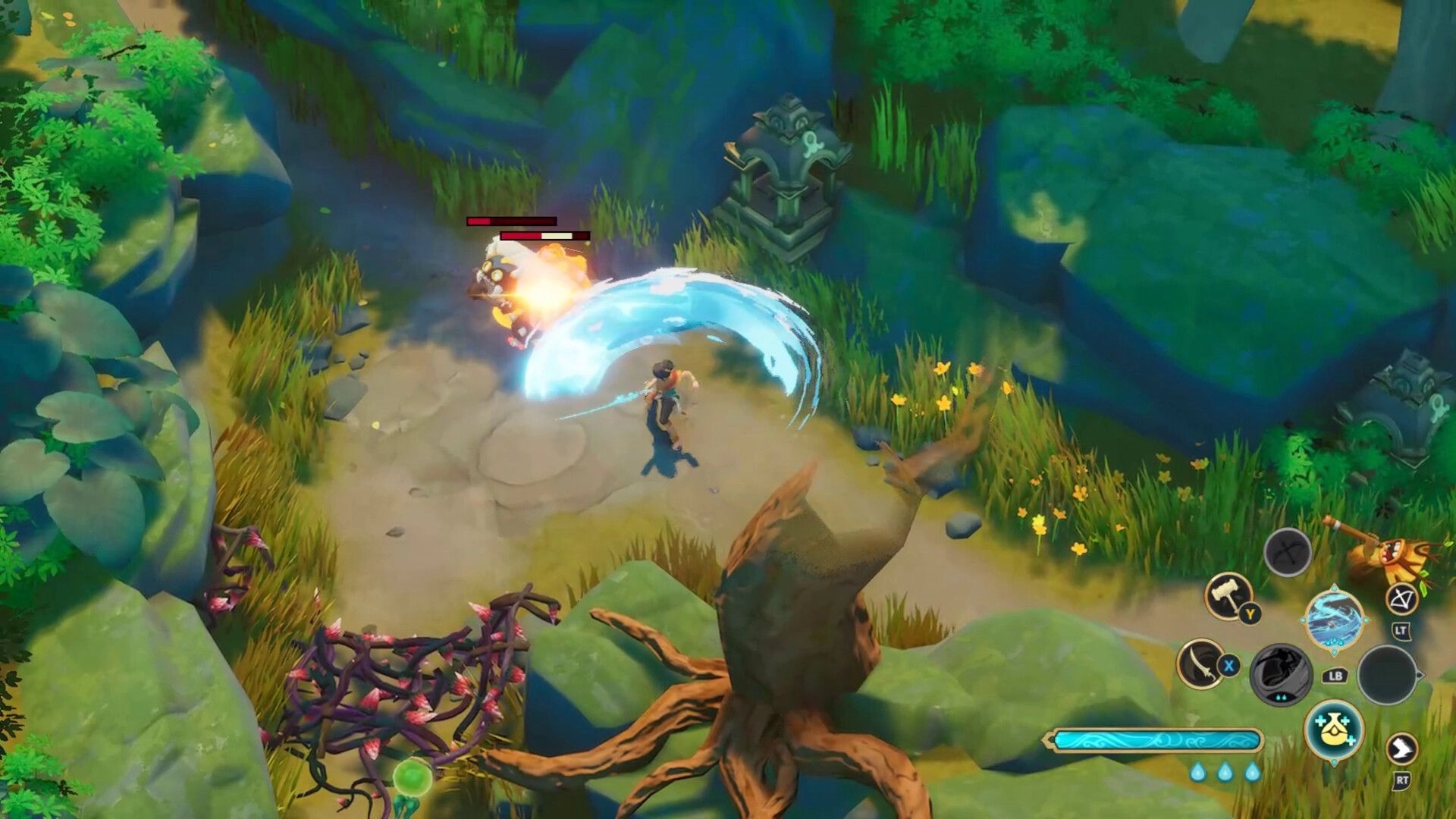 Blades of Mirage: Hero swings a water blade at a masked foe in lush ruins, ability icons visible.