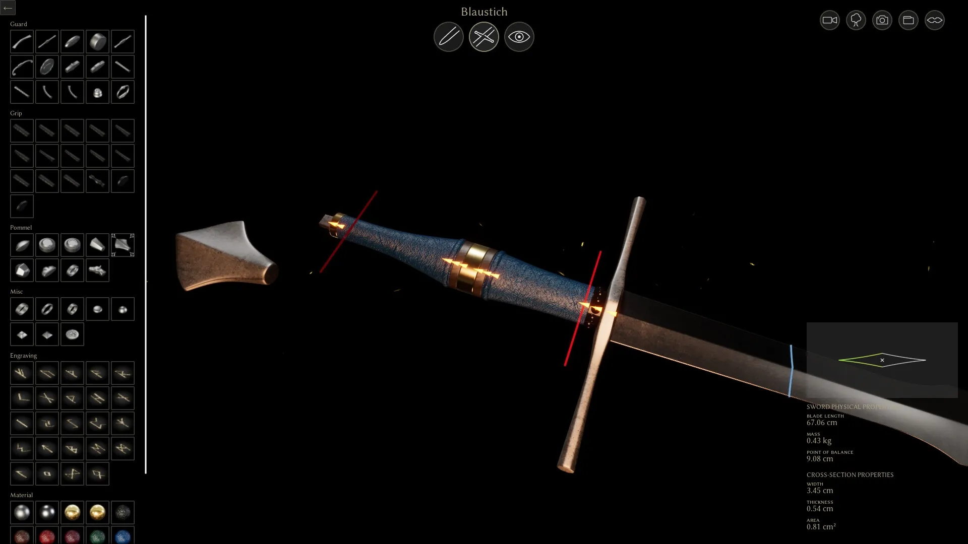 Bladesong: Customizing a sword with detailed parts selection UI in the workshop setting of Eren Keep.