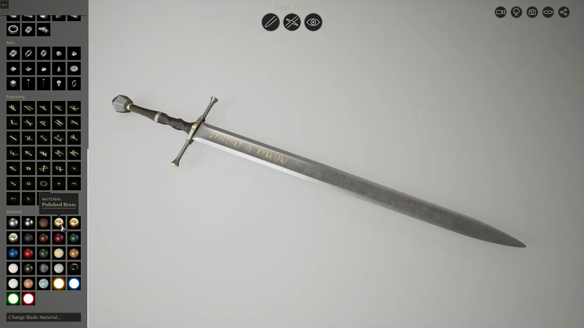 Bladesong: Sword customization interface with engraving and material options in crafting menu