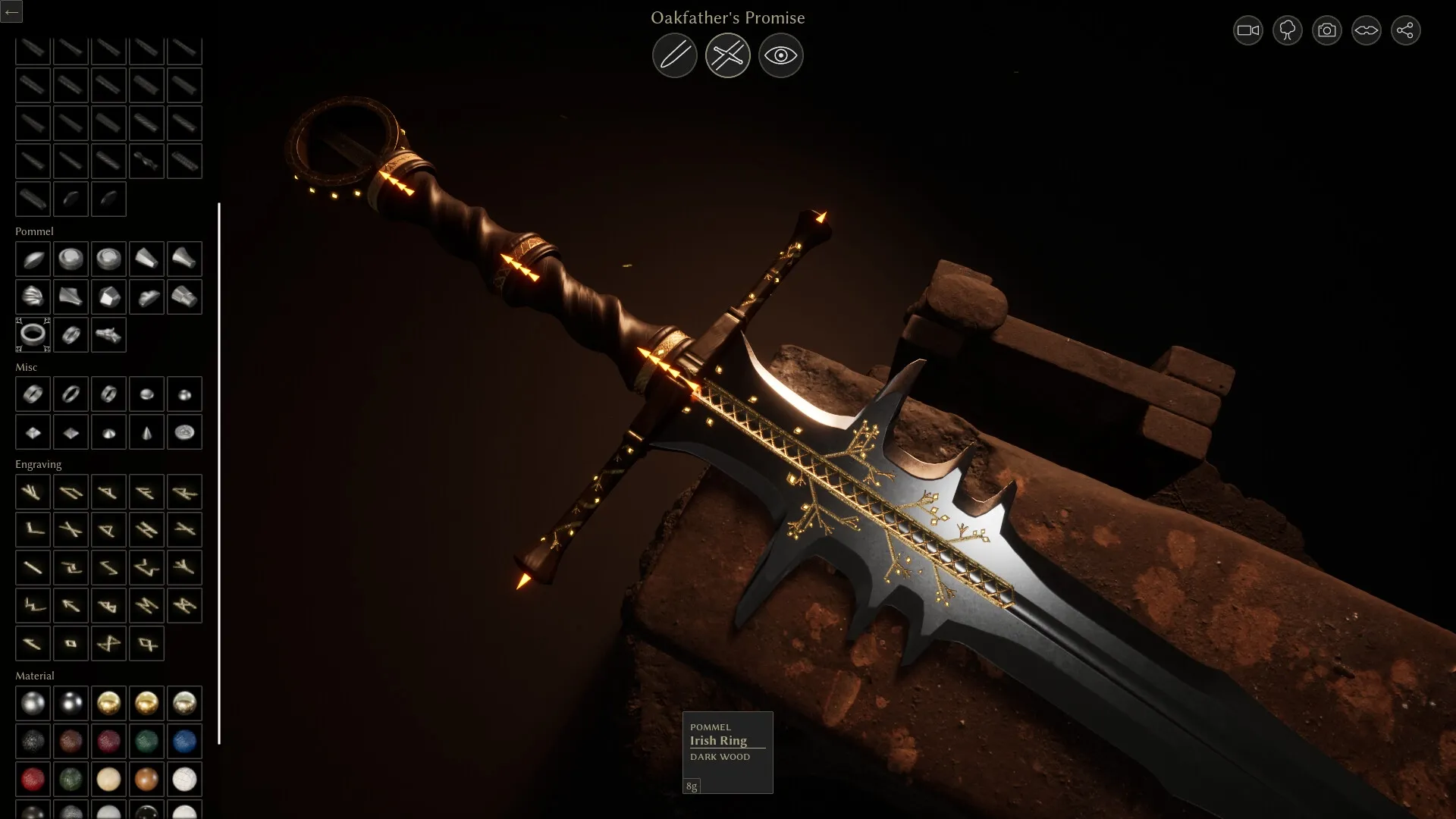 Bladesong: Sword customization interface with detailed options for pommel, engraving, and materials